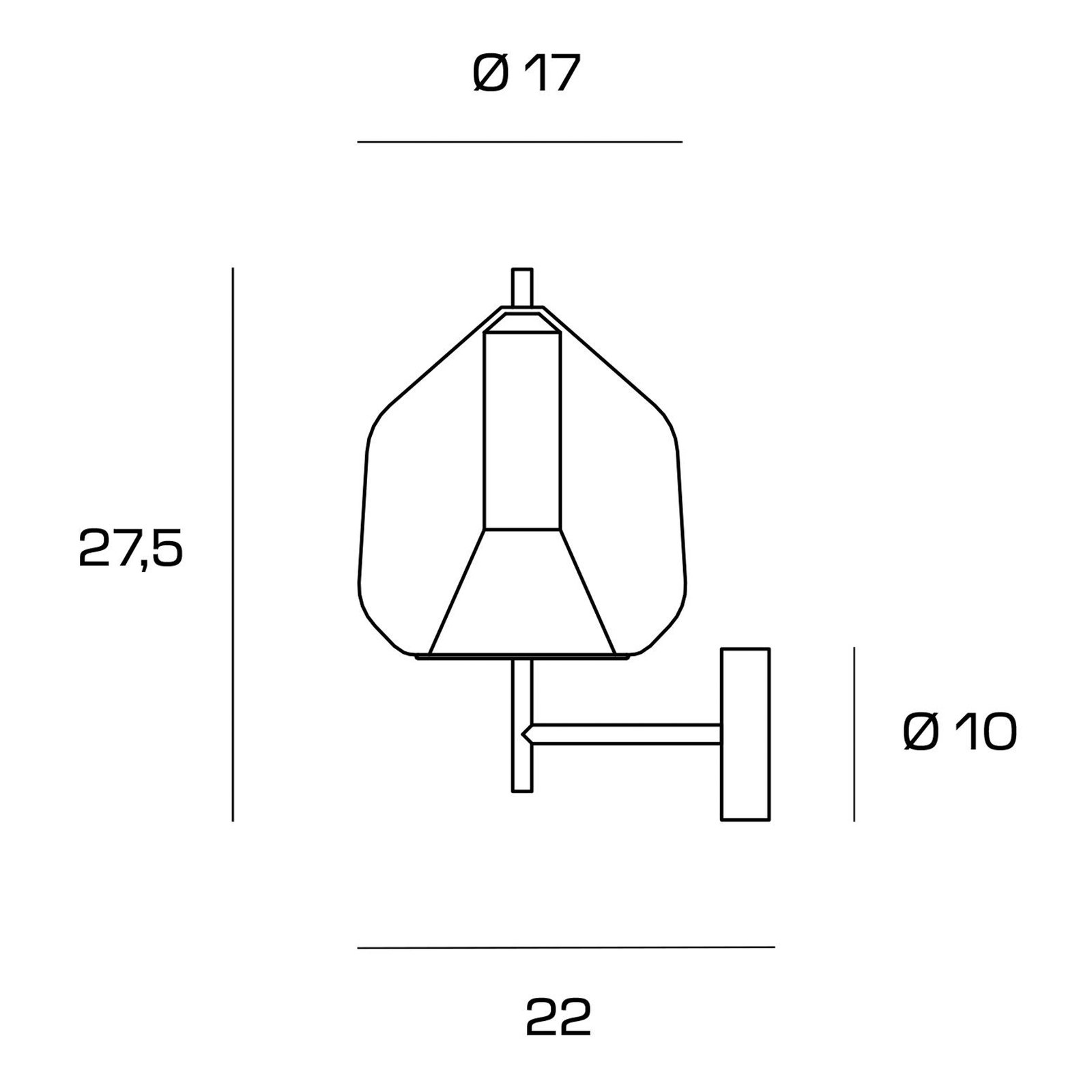 Vegglampe X-Ray, kobber/gullfarget, høyde 27,5 cm, glass