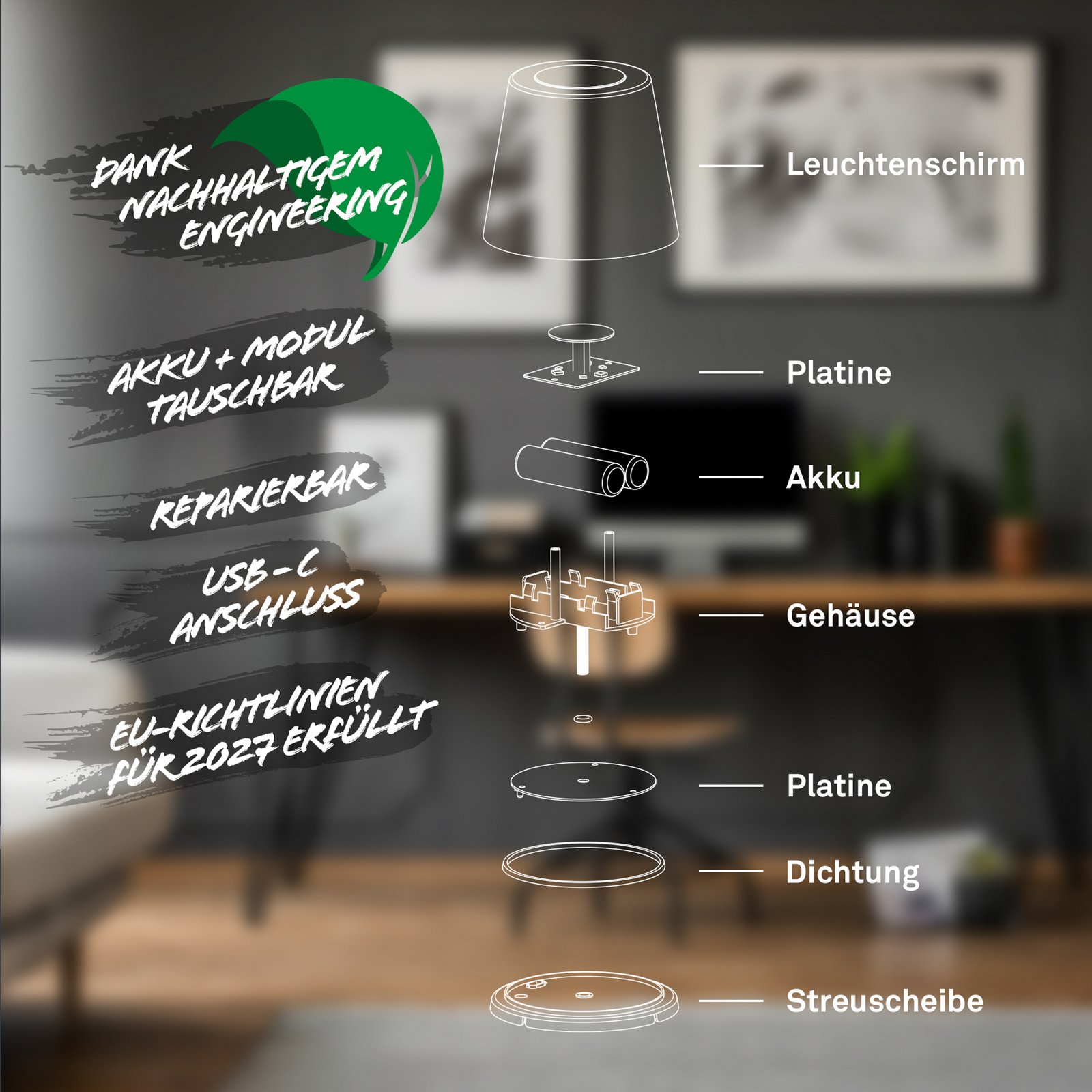 Cielo LED-es újratölthető állólámpa, fekete, érintésvezérlésű