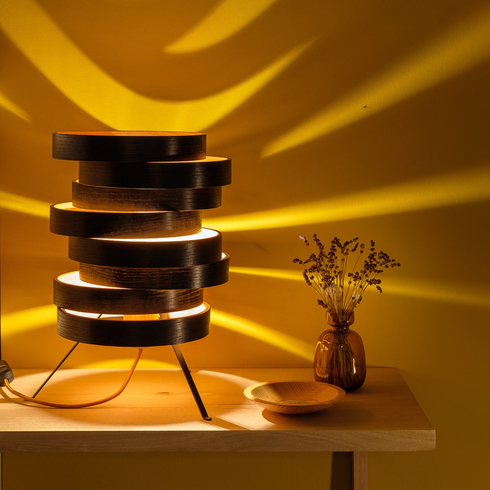 Cloq table lamp with a wooden lampshade