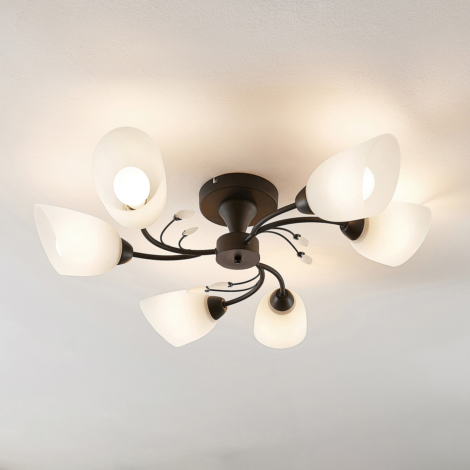 Lindby Amgad ceiling lamp, six-bulb, for Living / Dining Room, glass, steel, E27, 60 W, energy efficiency: A++, H: 16.5 cm