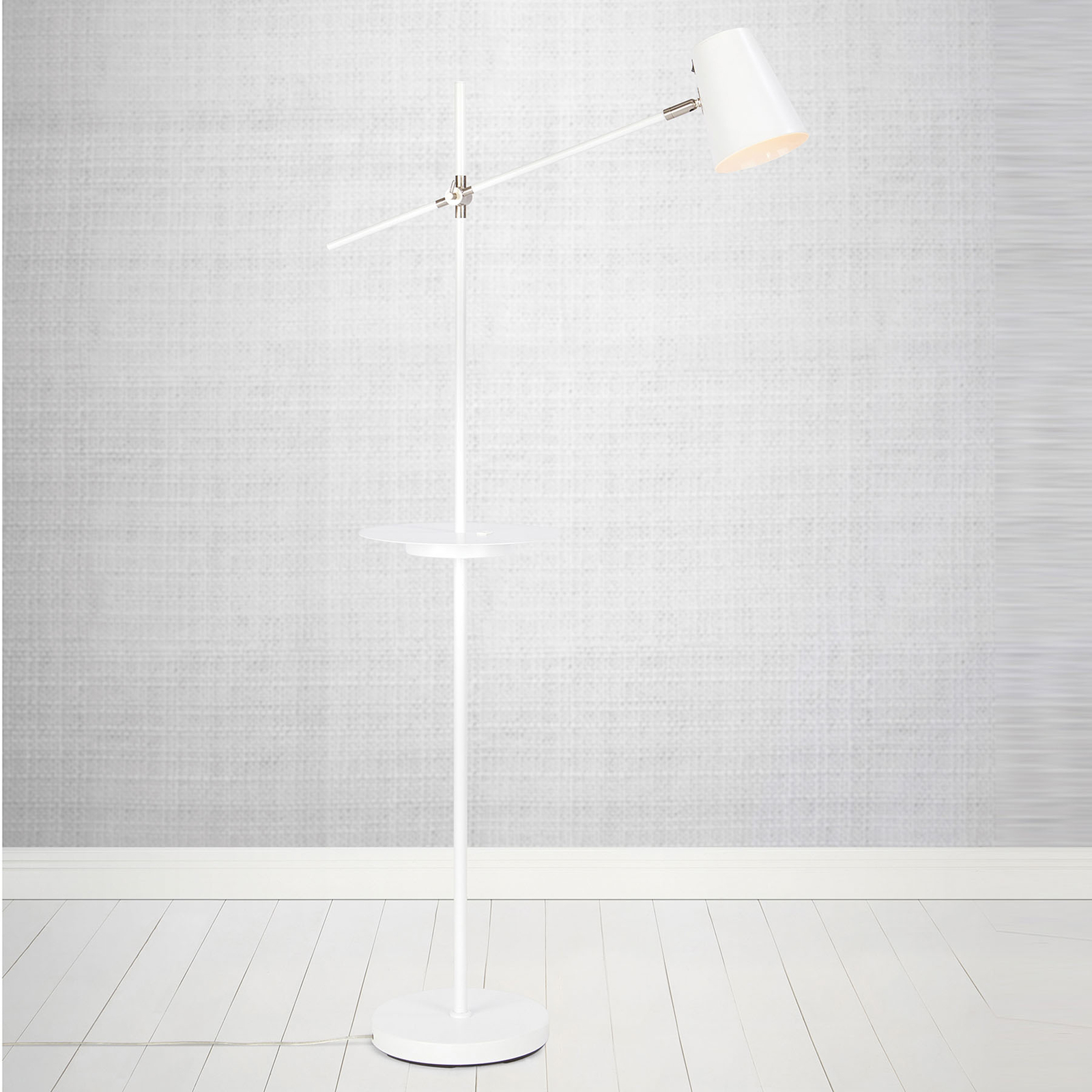 Linear floor lamp with USB charging station, white