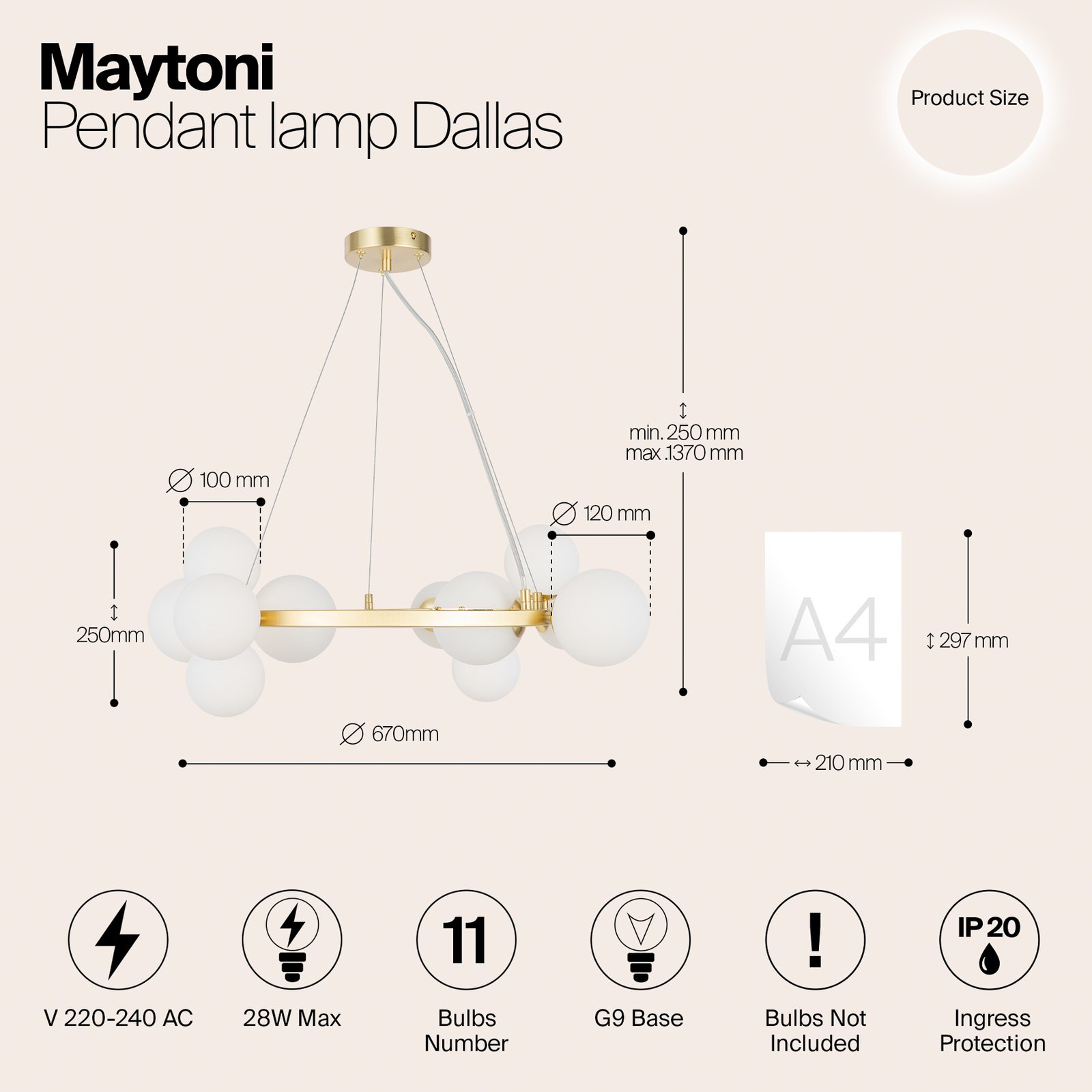 Maytoni pendant light Dallas, 11-bulb, gold colour/white