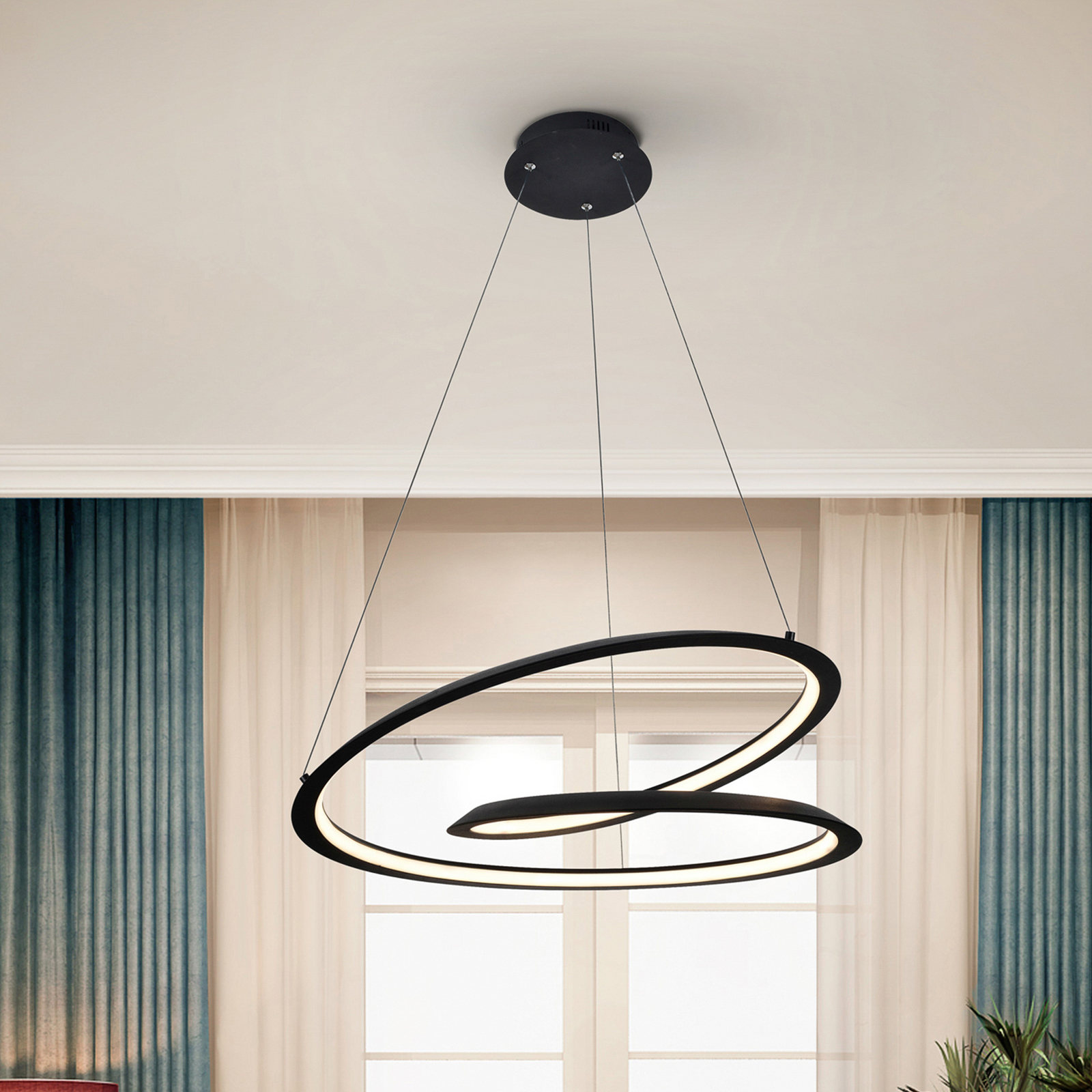 Looping LED pendant light, black. Metal, aluminium. Ø 60 cm