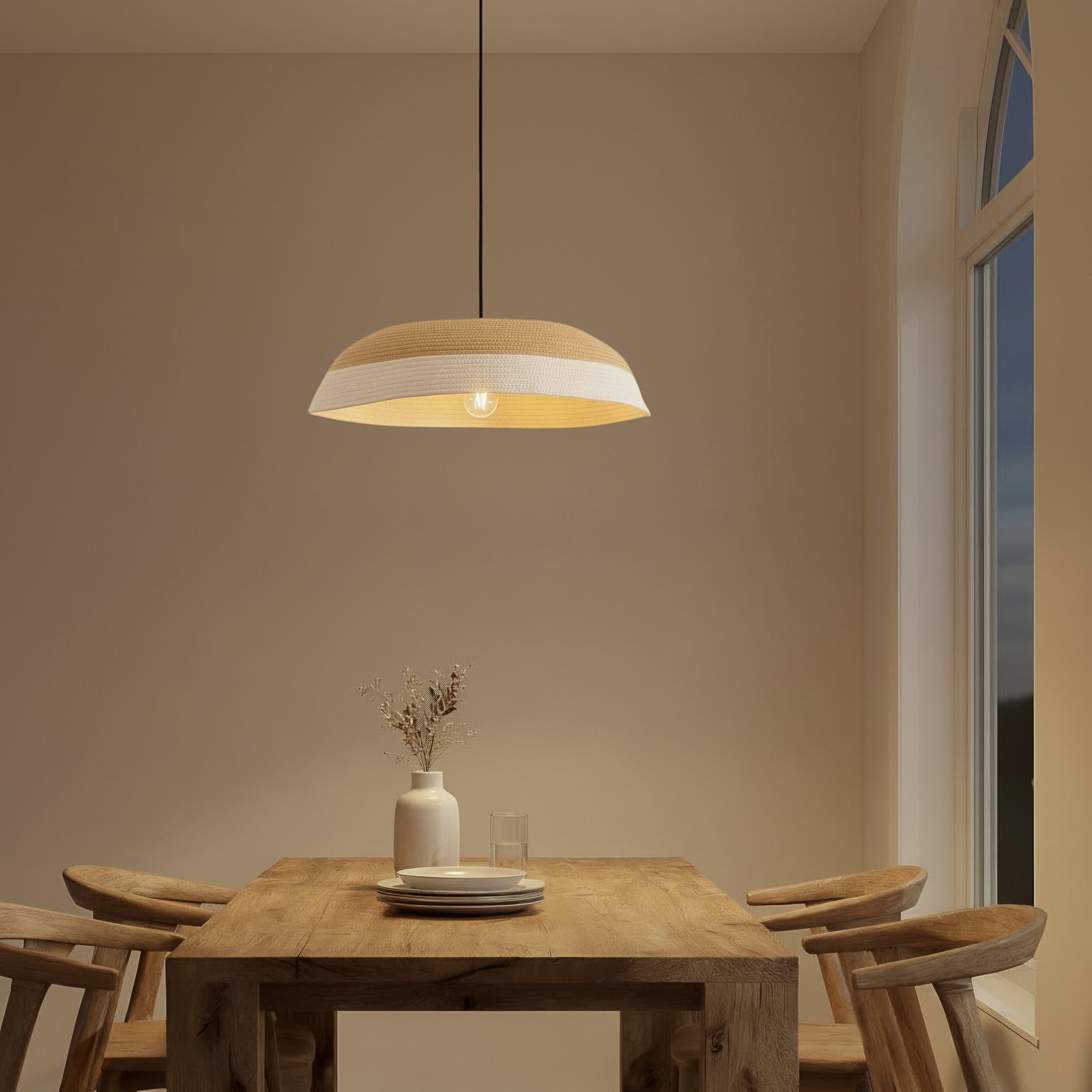 Żyrandol Lindby Caliva, Ø 60 cm, beżowo-biała, sznur konopny