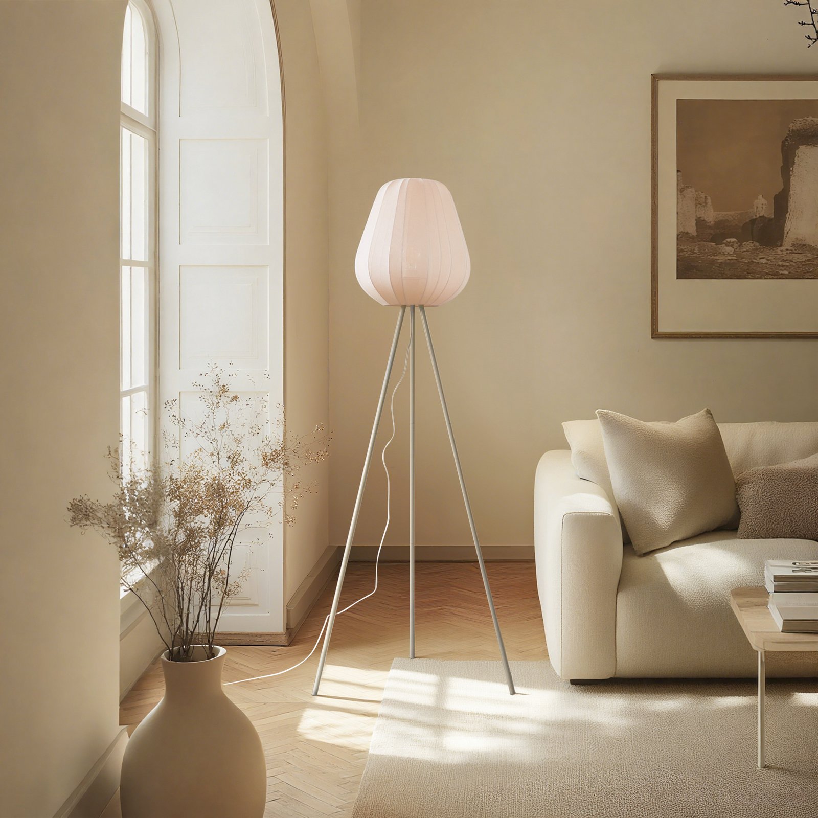 Lindby lampe sur pied Helin, beige, textile, tripode, 144 cm, E27
