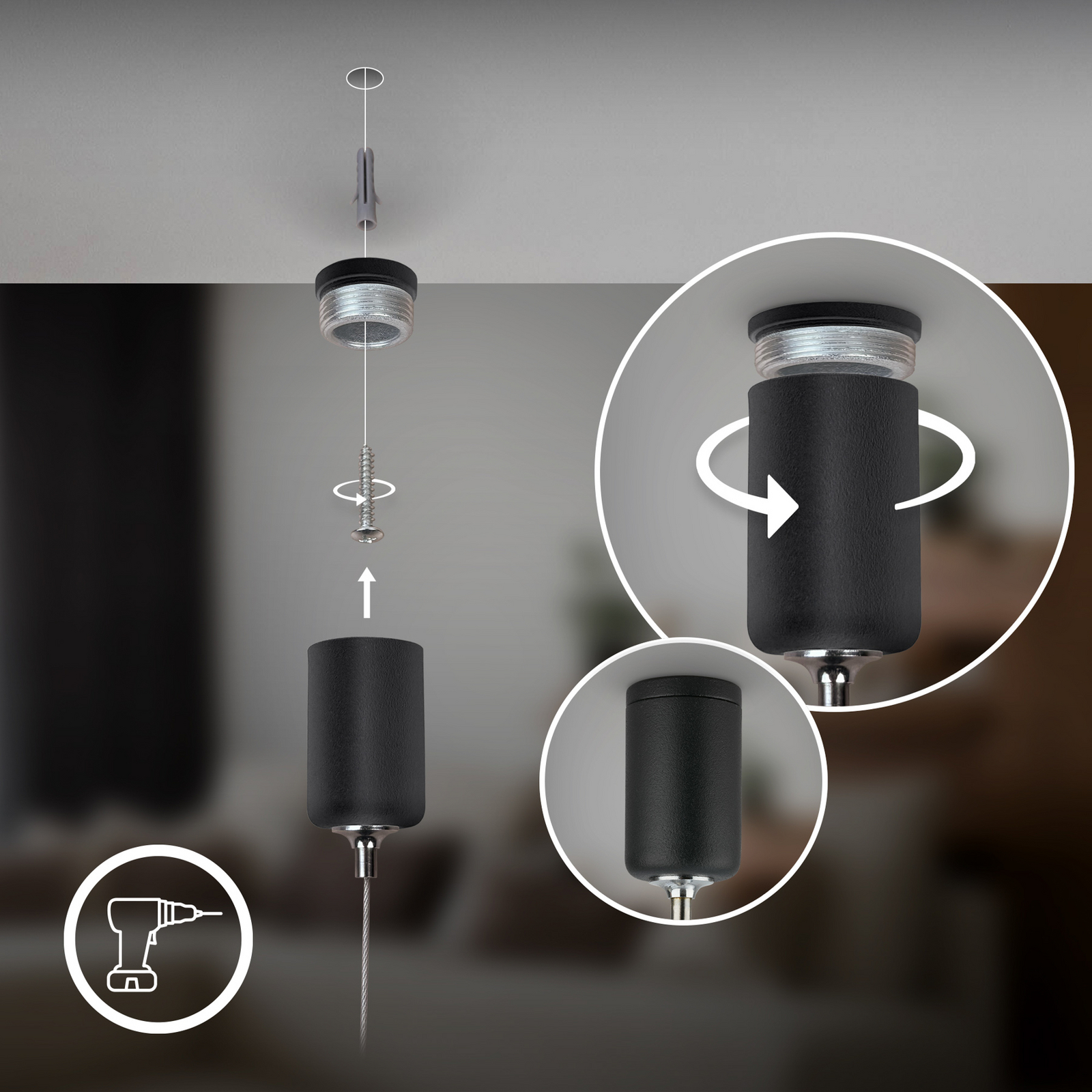 Lámpara colgante LED recargable Hang, negra, de plástico, atenuable