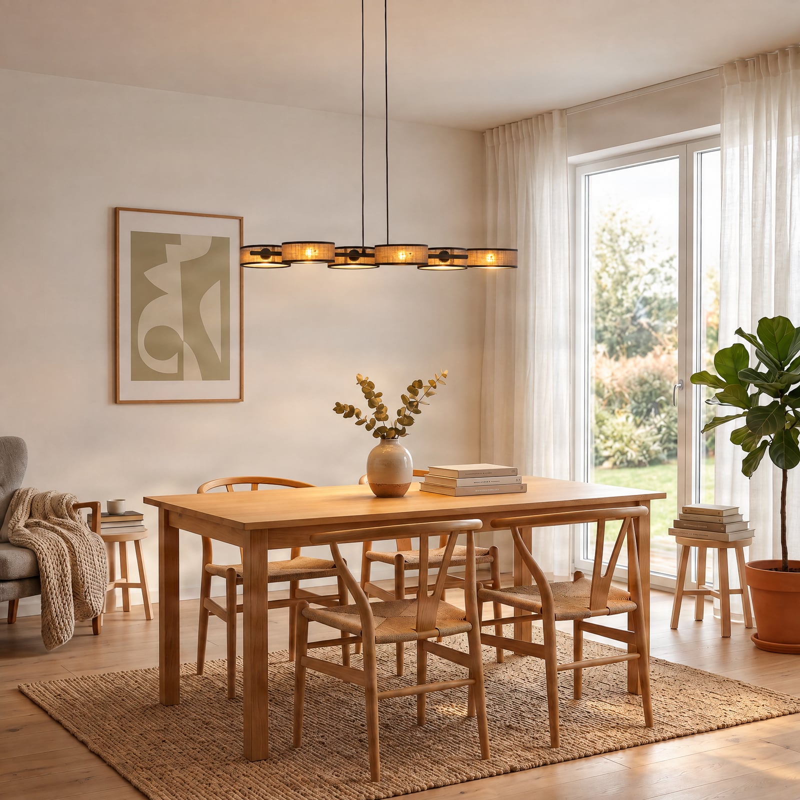 Lampada a sospensione DRUMZ, marrone, lunghezza 100 cm, a 6 luci, tessuto, E14