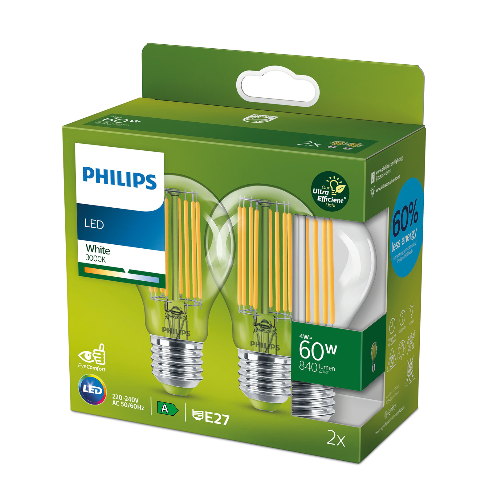 Philips LED E27 A60 4 W 840 lm claire 3 000 K x2