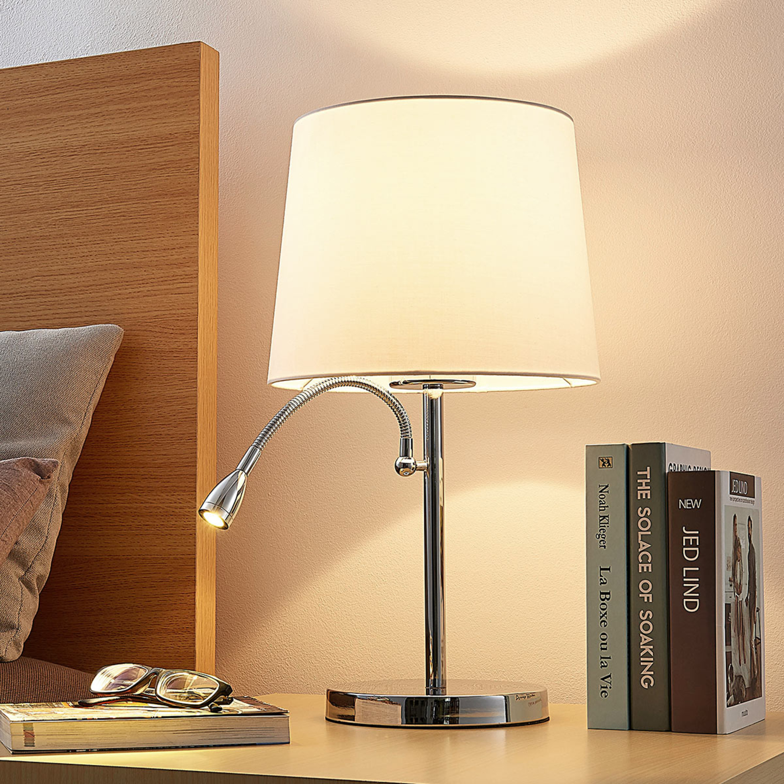 Lindby Fabric table lamp Benjiro with an LED reading, for Living / Dining Room, fabric, metal, E27, 60 W, energy efficiency: A++, H: 52.5 cm