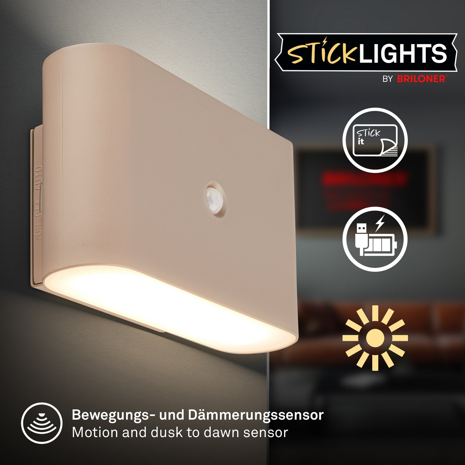 LED wandlamp Chat, beige, 16 cm, kunststof, sensor