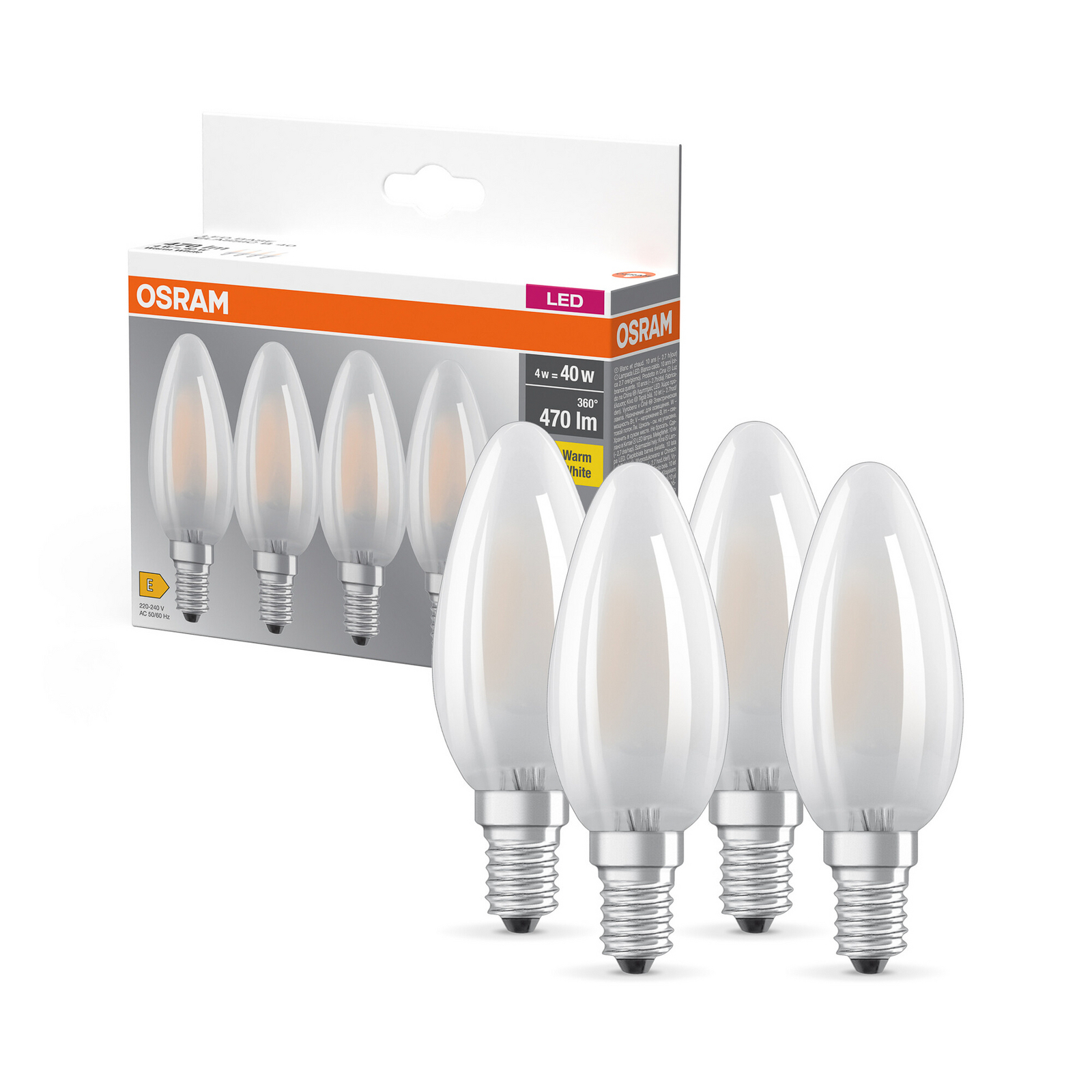 OSRAM LED-pære stearinlys matt E14 4W 827 4-pakning