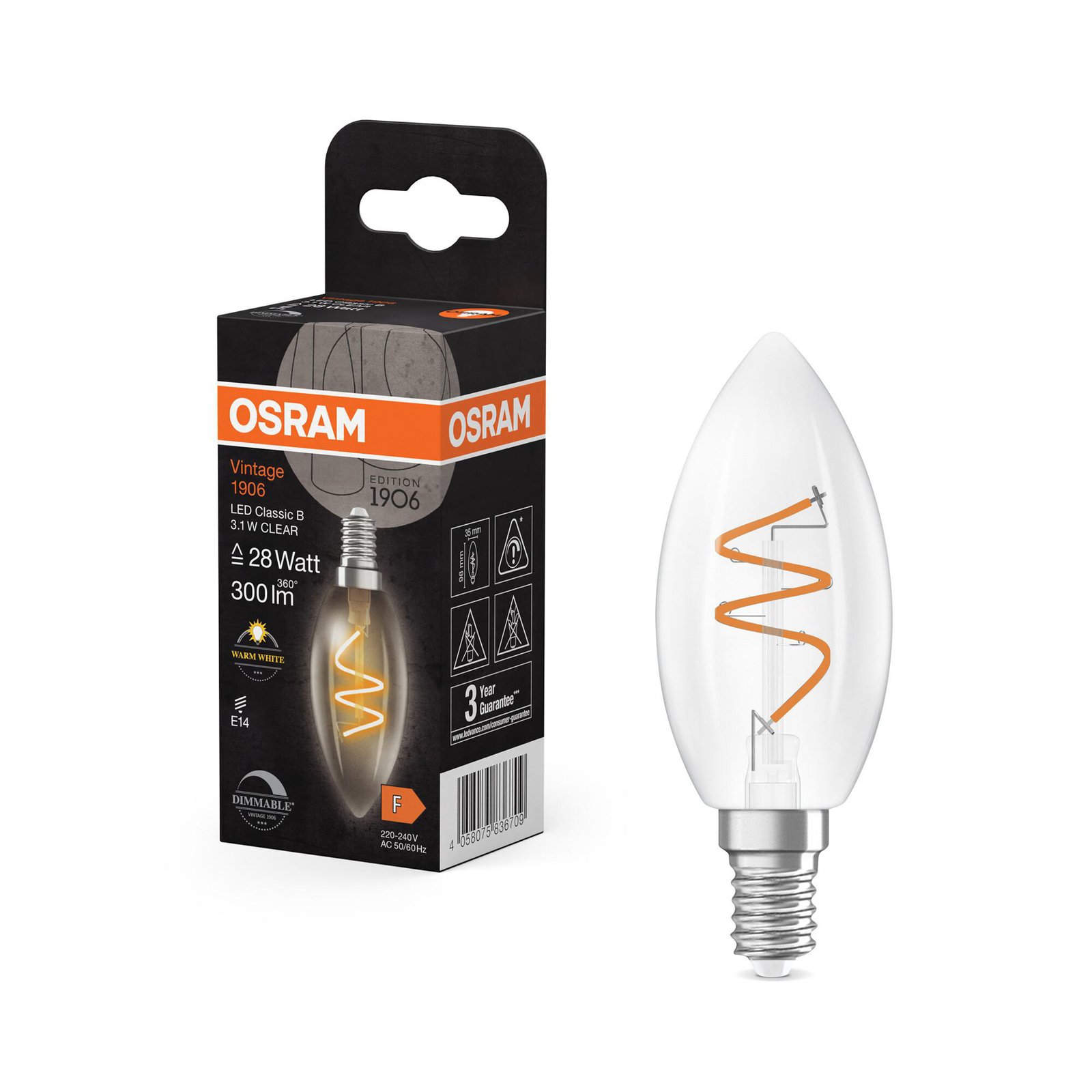 OSRAM LED Vintage B28 E14 4,6W 927 Spiral Filament klar dim