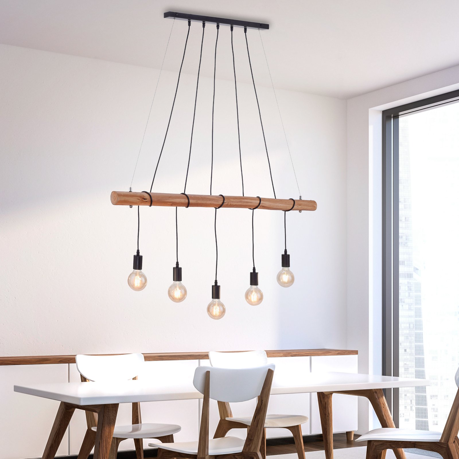 Damian pendant light with wooden beam and 5 sockets