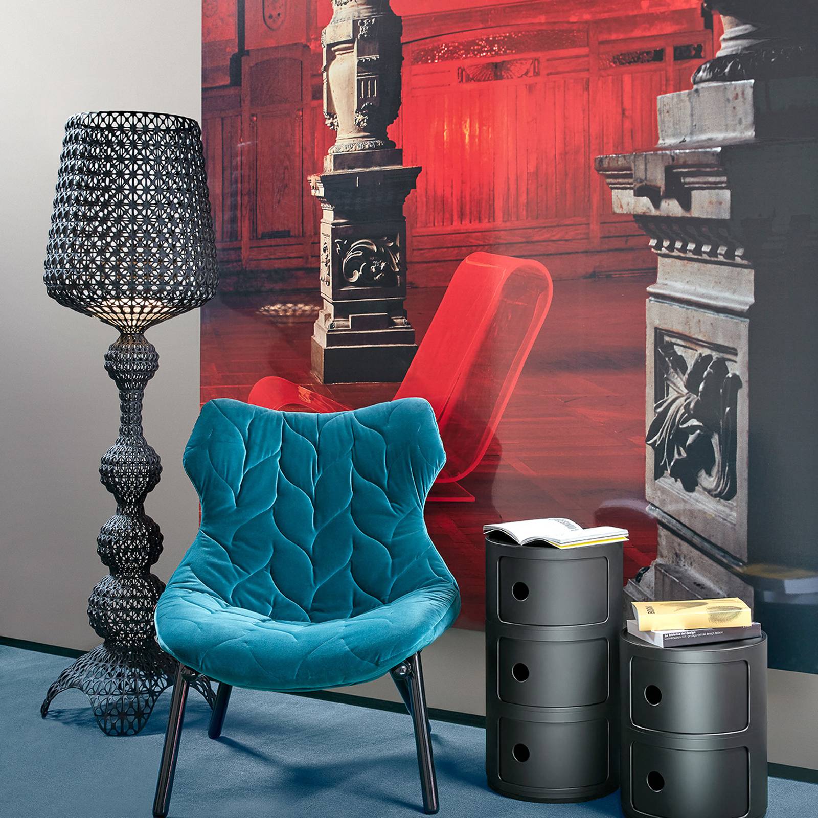 Designerska lampa stojąca LED Kabuki, czarna