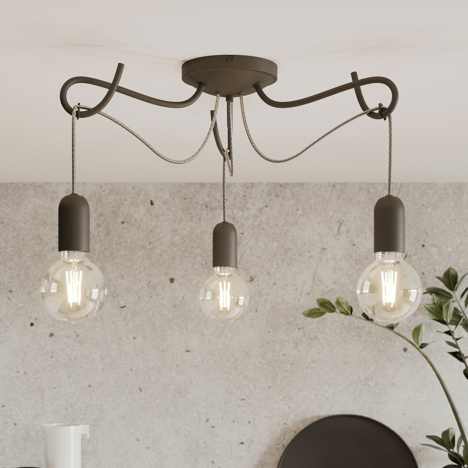 Lucande Jorna ceiling lamp, 3-bulb, grey cable