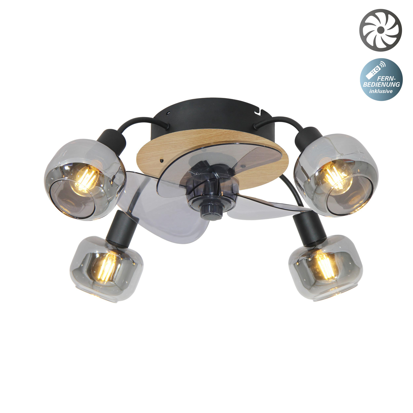 Fumoso ceiling fan, four E14 smoked glass lights