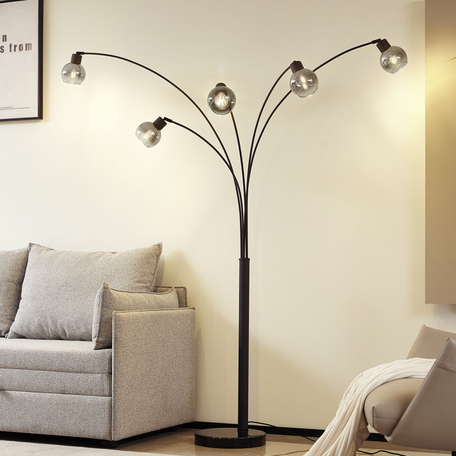 Lindby floor lamp Braccio, grey/black, glass, 5-bulb, 204.5cm