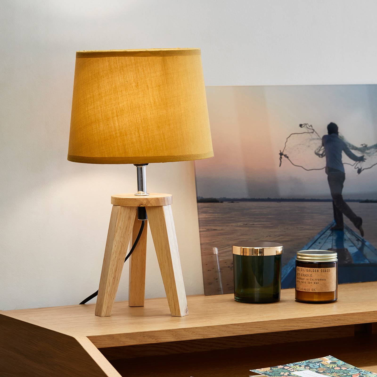 COREP Lampe à poser Yoga, jaune moutarde/bois clair, 34 cm, coton/bois
