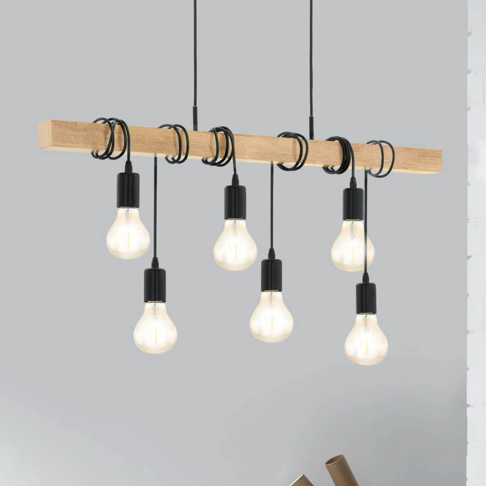 Townshend pendant lamp with wood, 6-bulb