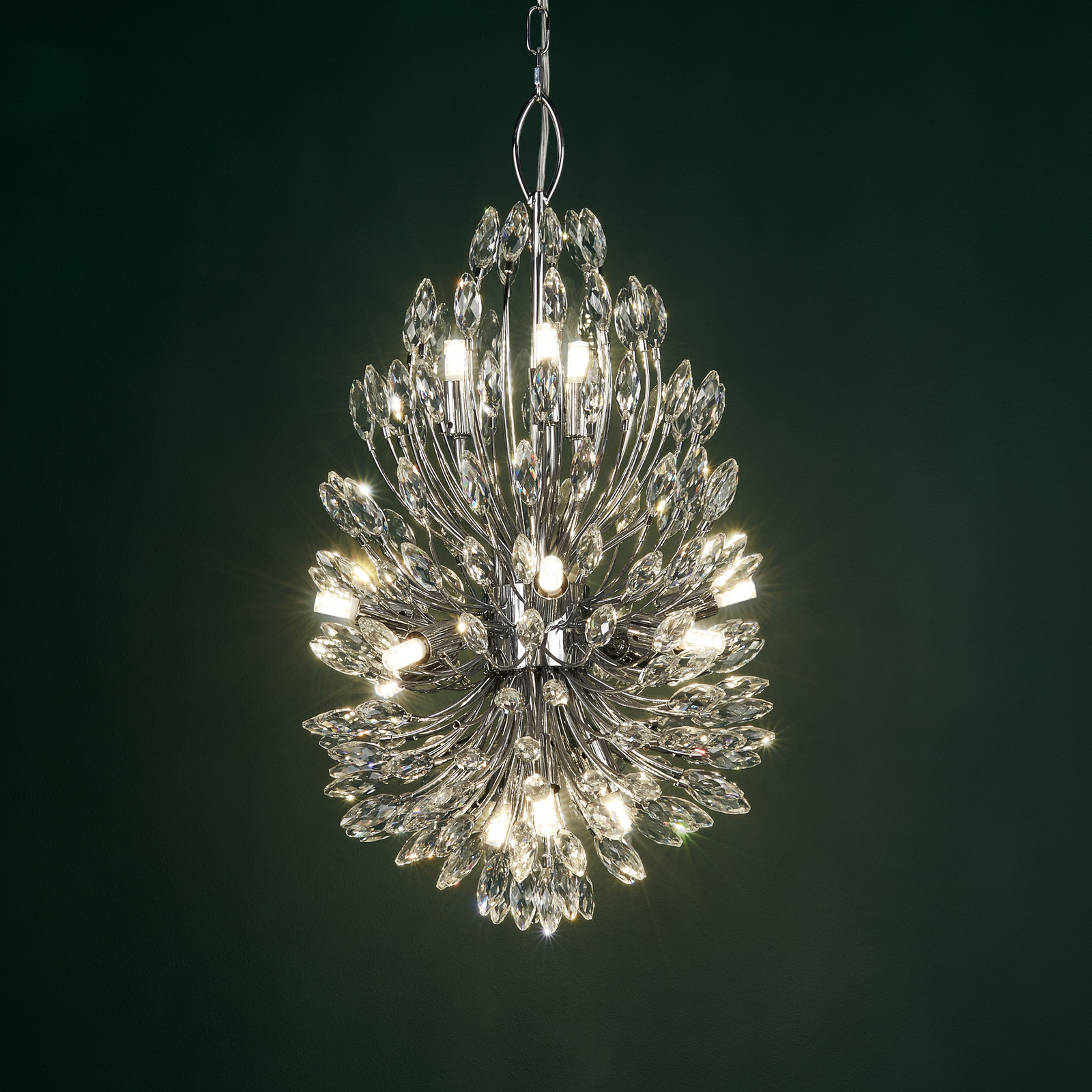 Peacock pendant light, chrome/clear, crystal glass, Ø 37 cm, G9