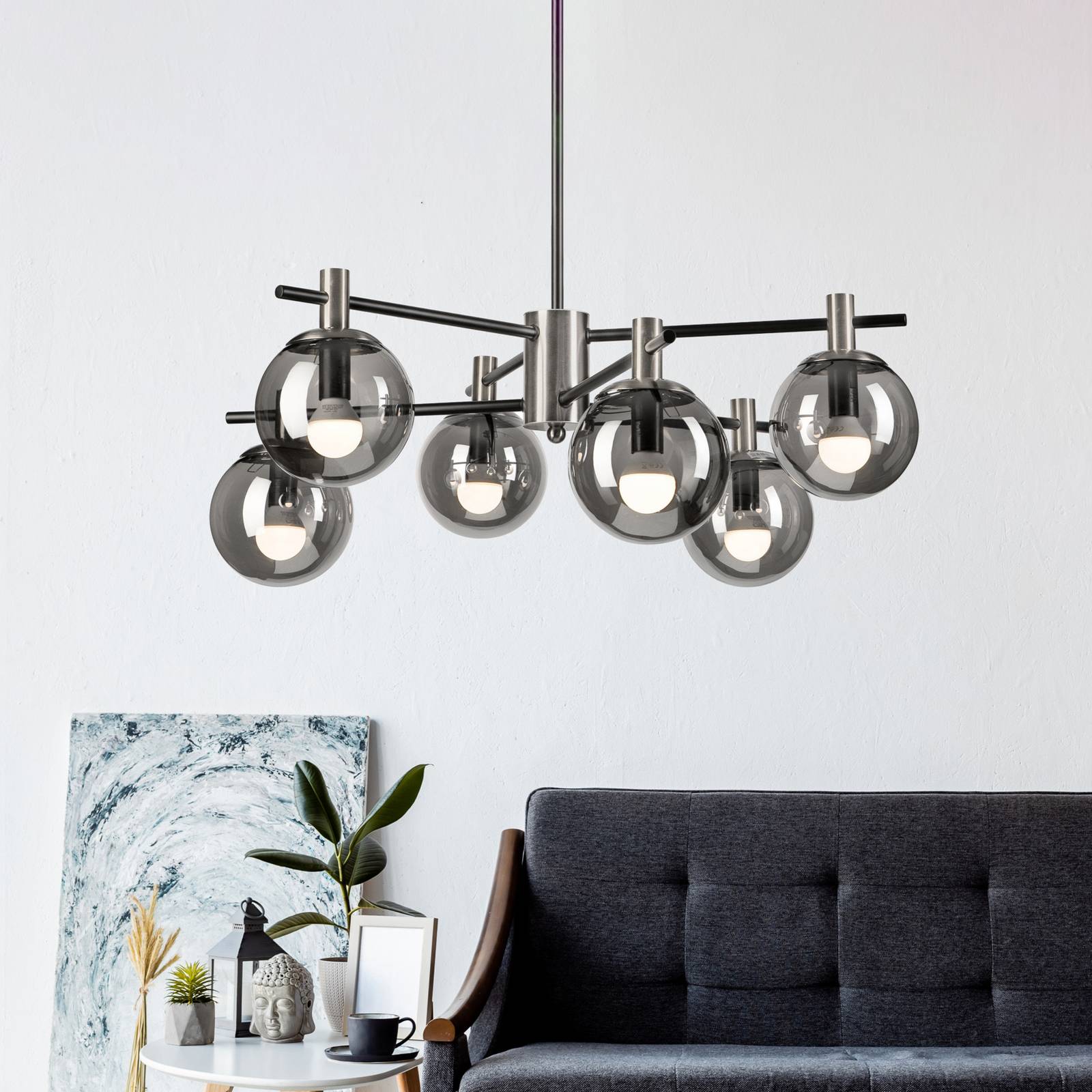 Lampa sufitowa Lilou, Ø 53 cm, dymnoszara, szkło/metal, 6-punktowa.