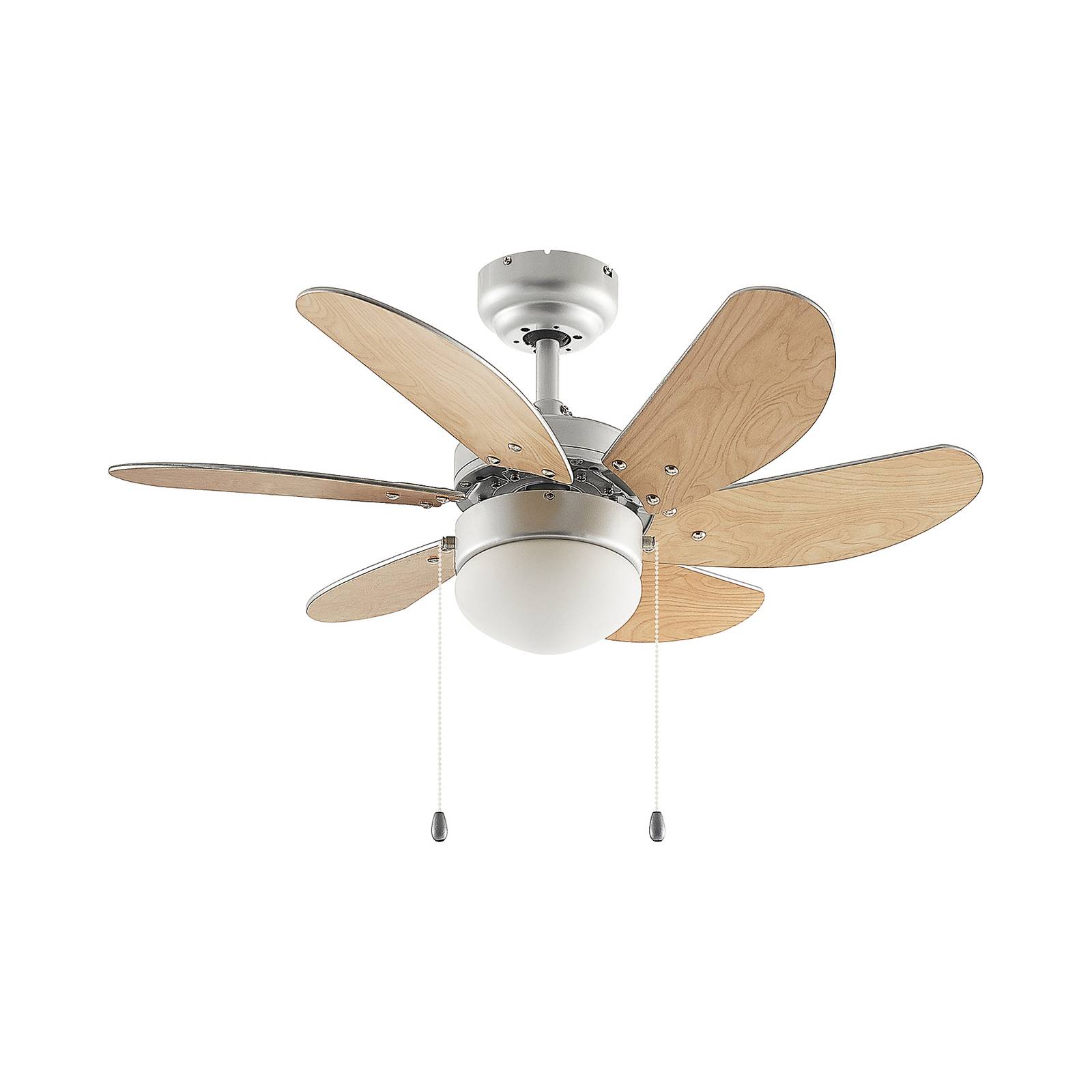 Starluna Minja ceiling fan wooden blades silver, for Living / Dining Room, steel, beech wood, glass, E14, 8 W, H: 35 cm