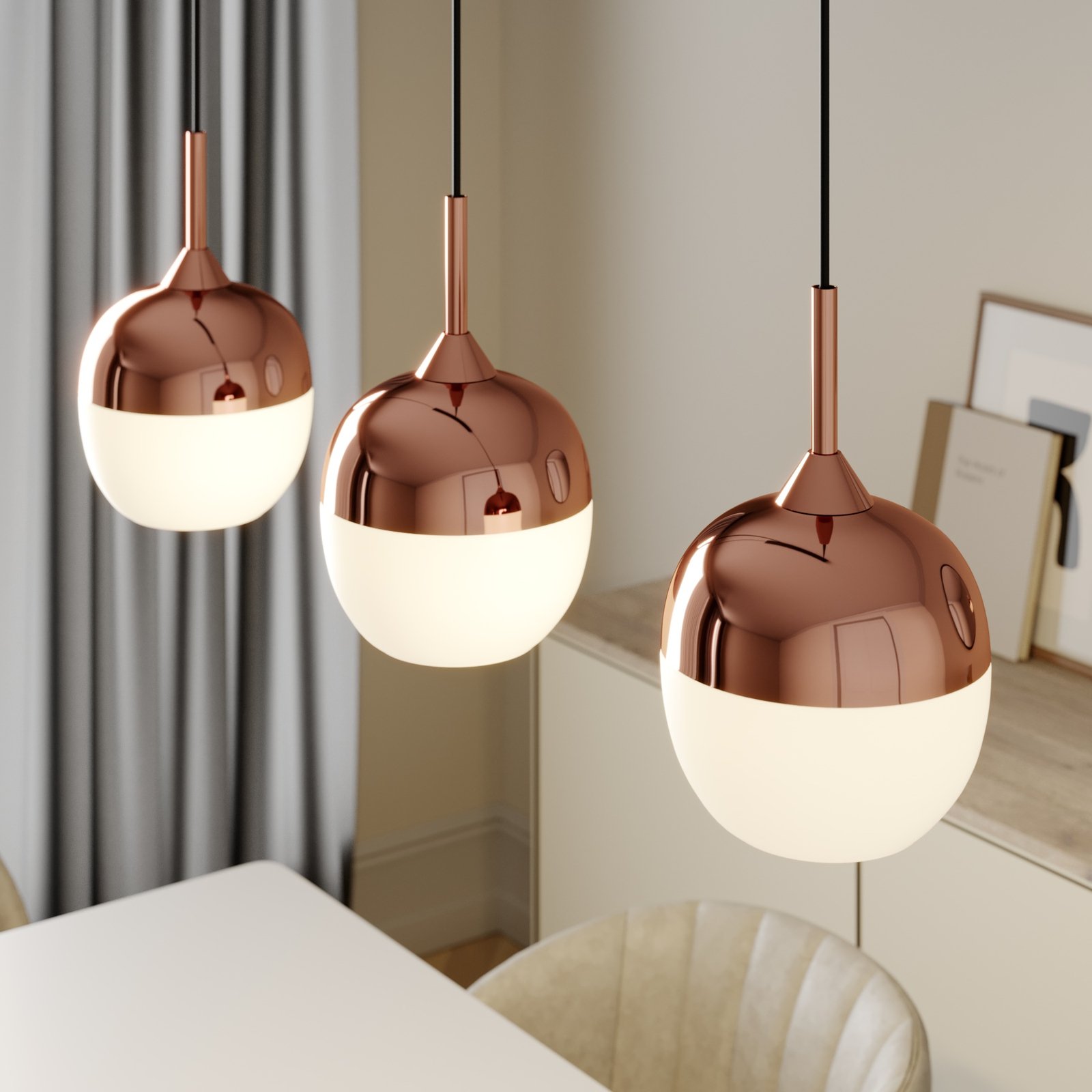 Lindby Pendellampe Rangina, 100 cm, kupfer, 3-flammig, Glas