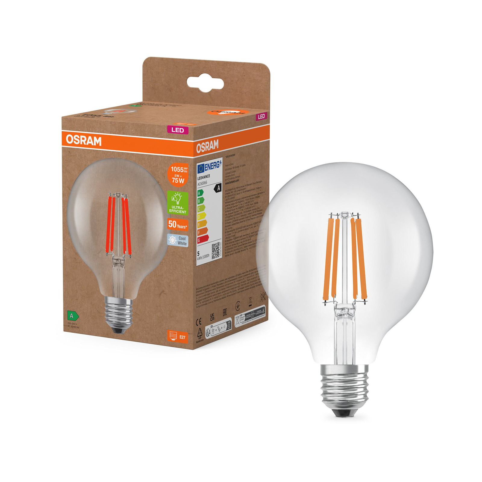 OSRAM LED izzó Globe G95 E27 5W izzószál 4,000K