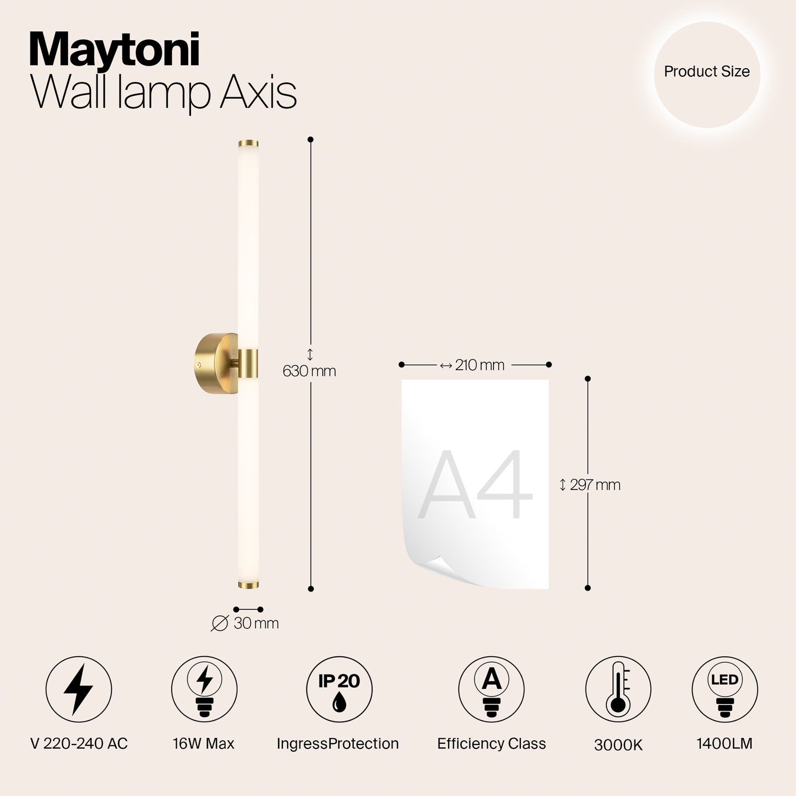 Maytoni LED-vegglampe Axis, gullfarget, høyde 63 cm