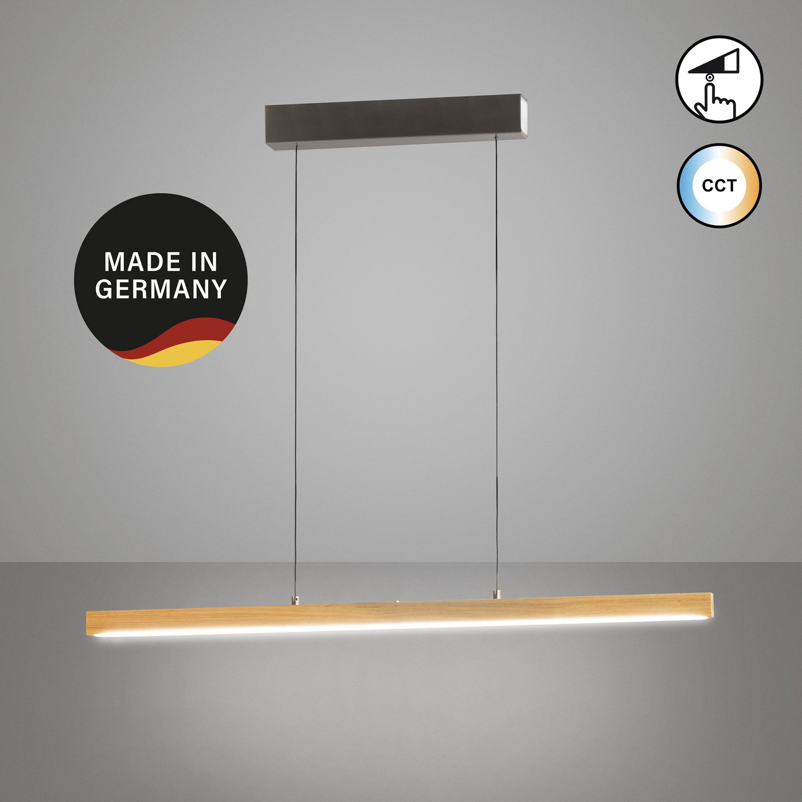 LED hanglamp Shine-Wood, lengte 105 cm, eiken/nikkelkleurig