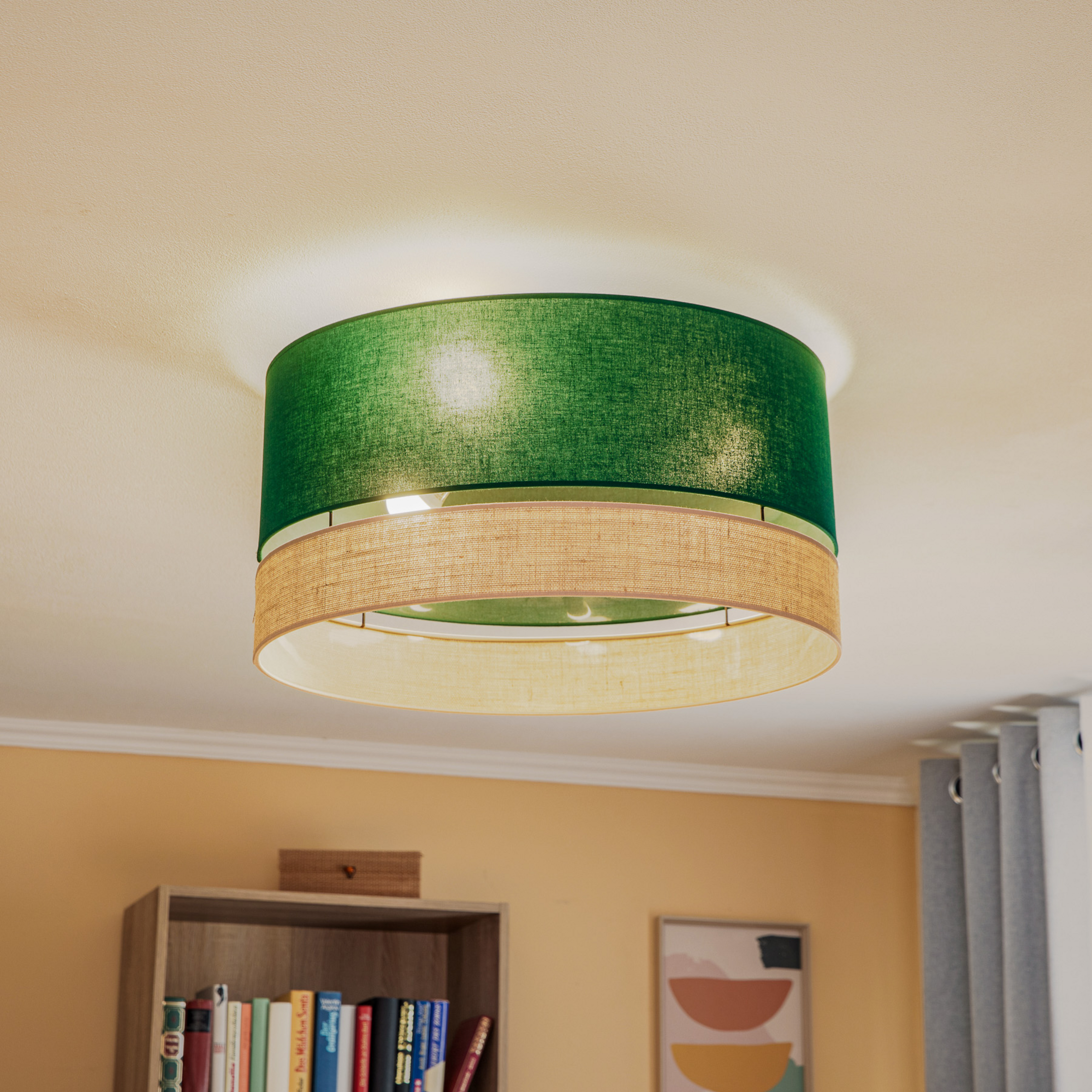 Euluna Levo griestu lampa, Ø 60 cm, džuta/tumši zaļa