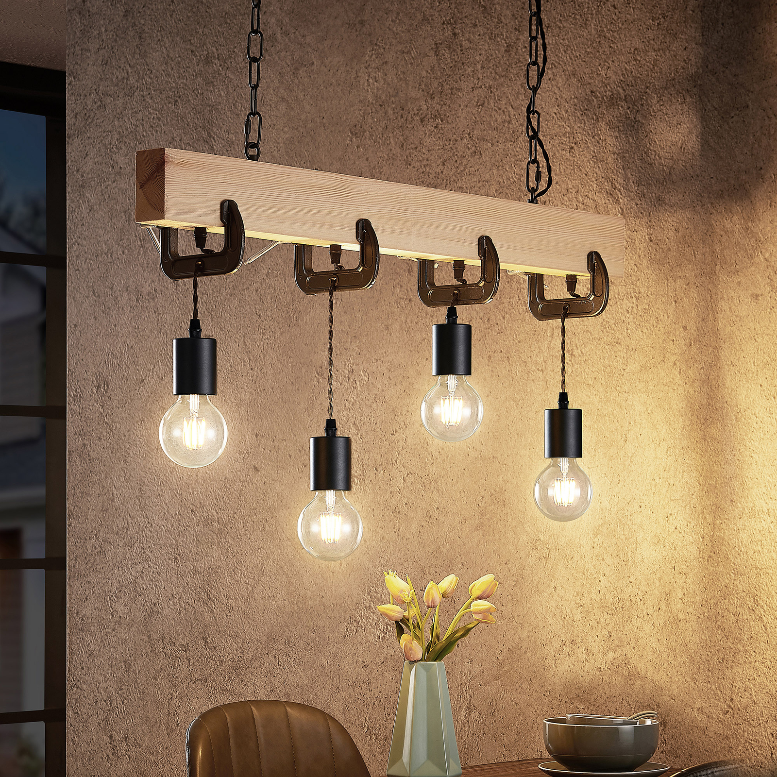 Lindby Asya suspension, à 4 lampes, bois, noire
