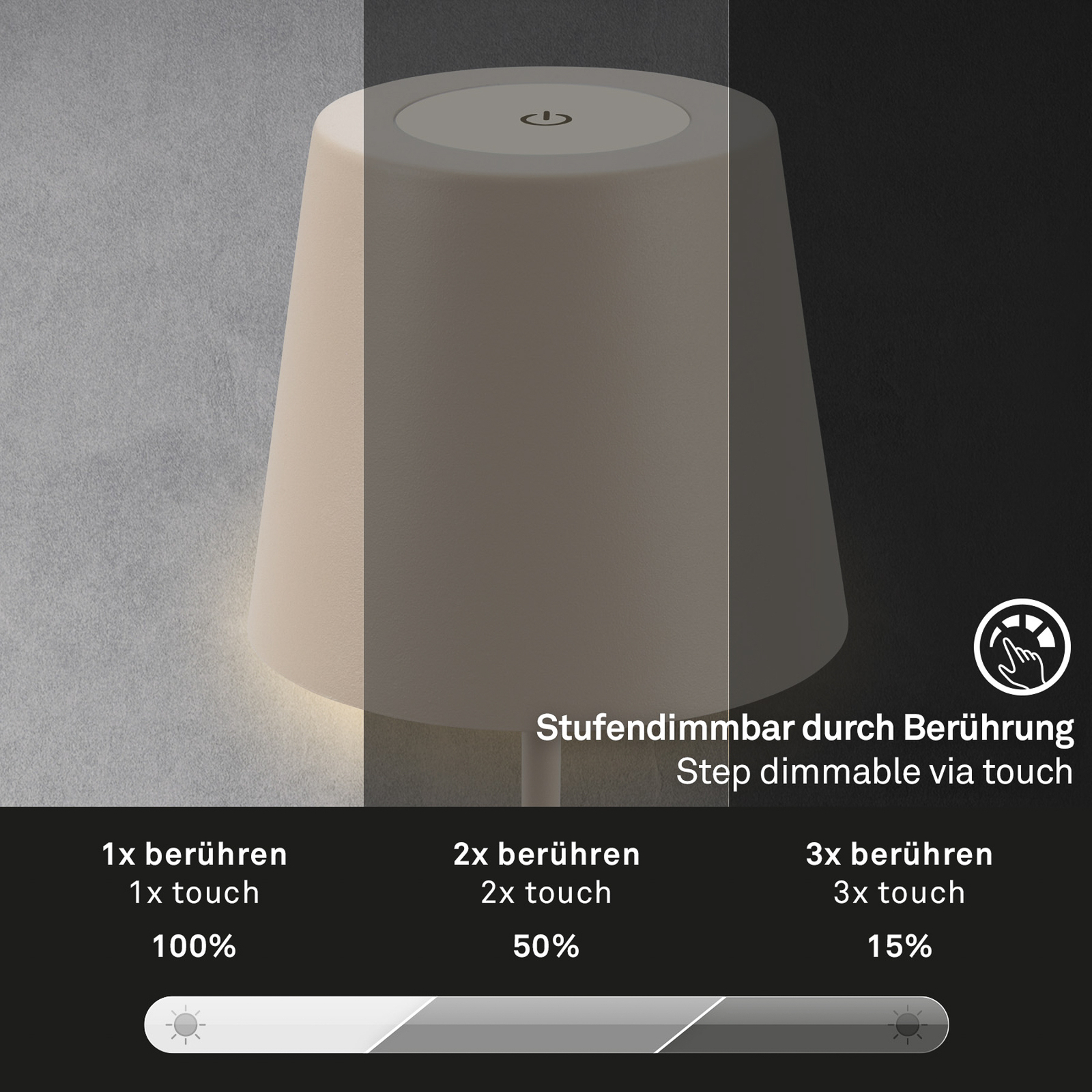 LED-bordlampe 7508011, beige, 2700 K IP44 berøringsdimmer