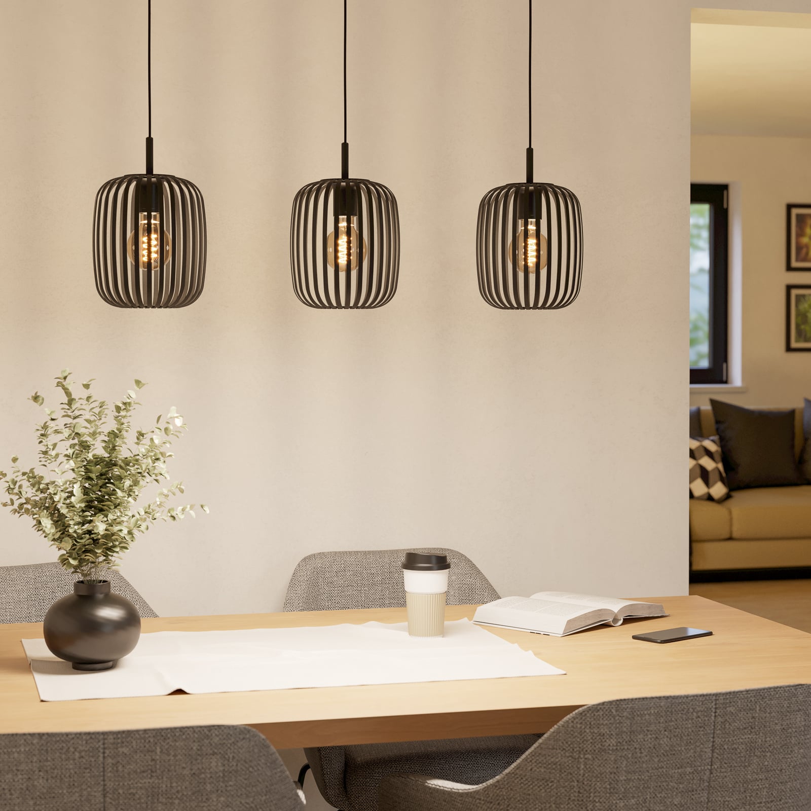 Lámpara colgante Romazzina, negra, longitud 90 cm, 3 luces, metal