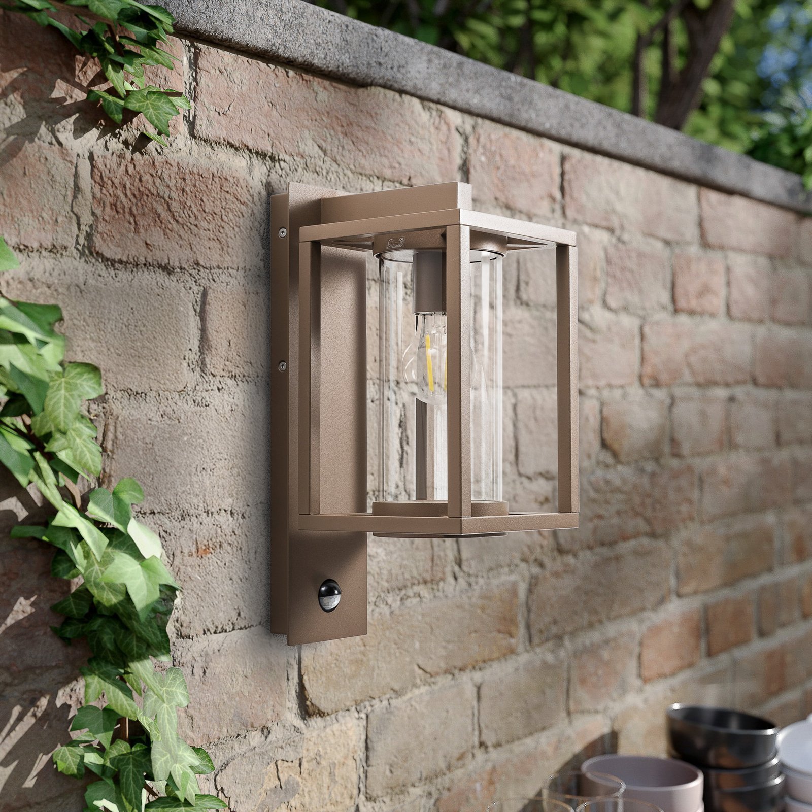 Lucande outdoor wall lamp Ferda, sensor, hanging, brown, E27