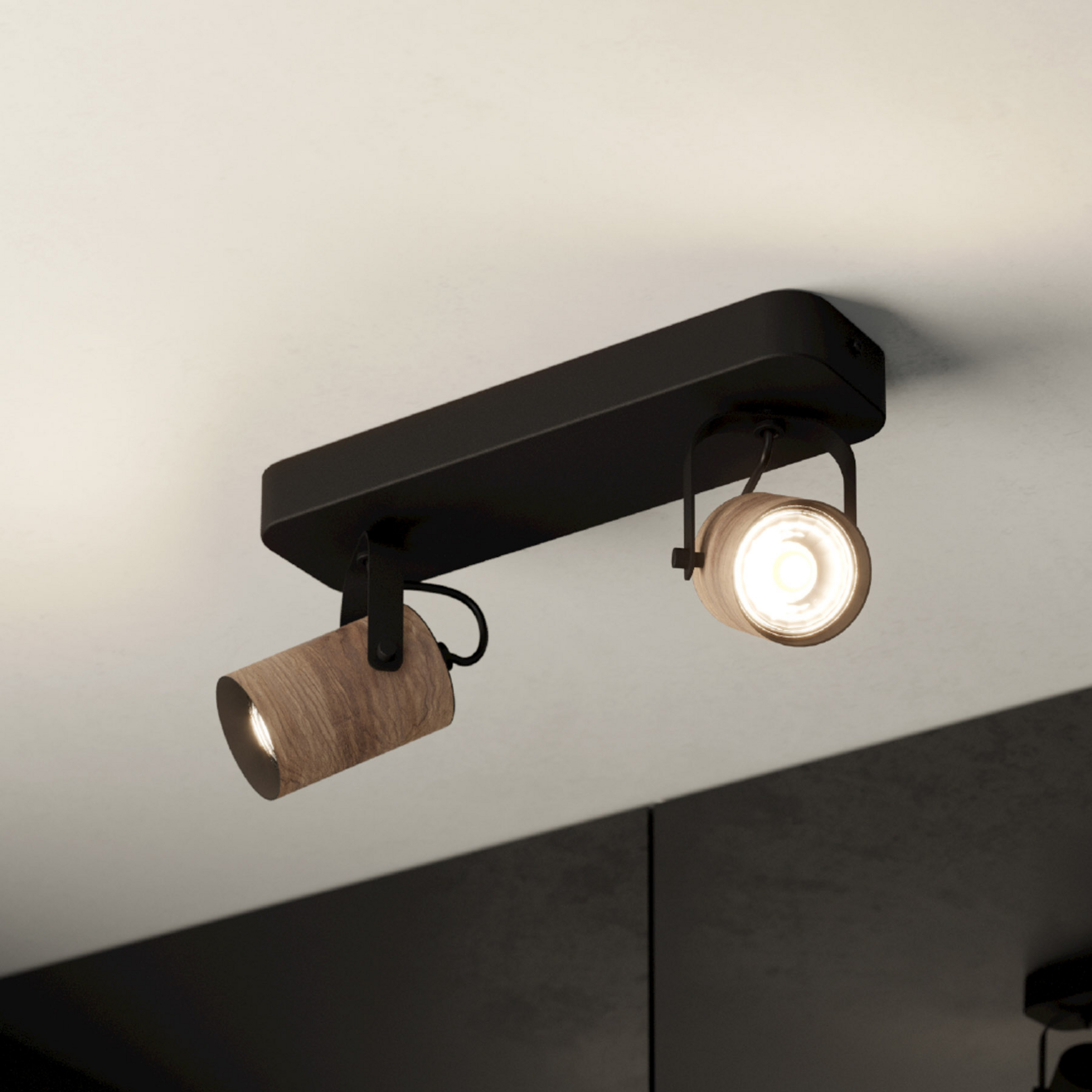 Spot pour plafond Cayuca, noir/décor bois, à deux lampes