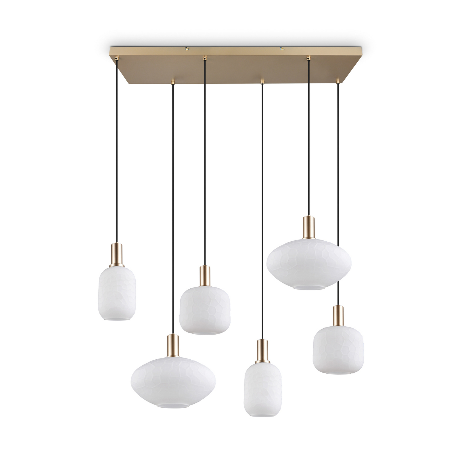 Hängelampe Emelie, 6-fl., goldfarben/weiß, Metall, Glas, E27