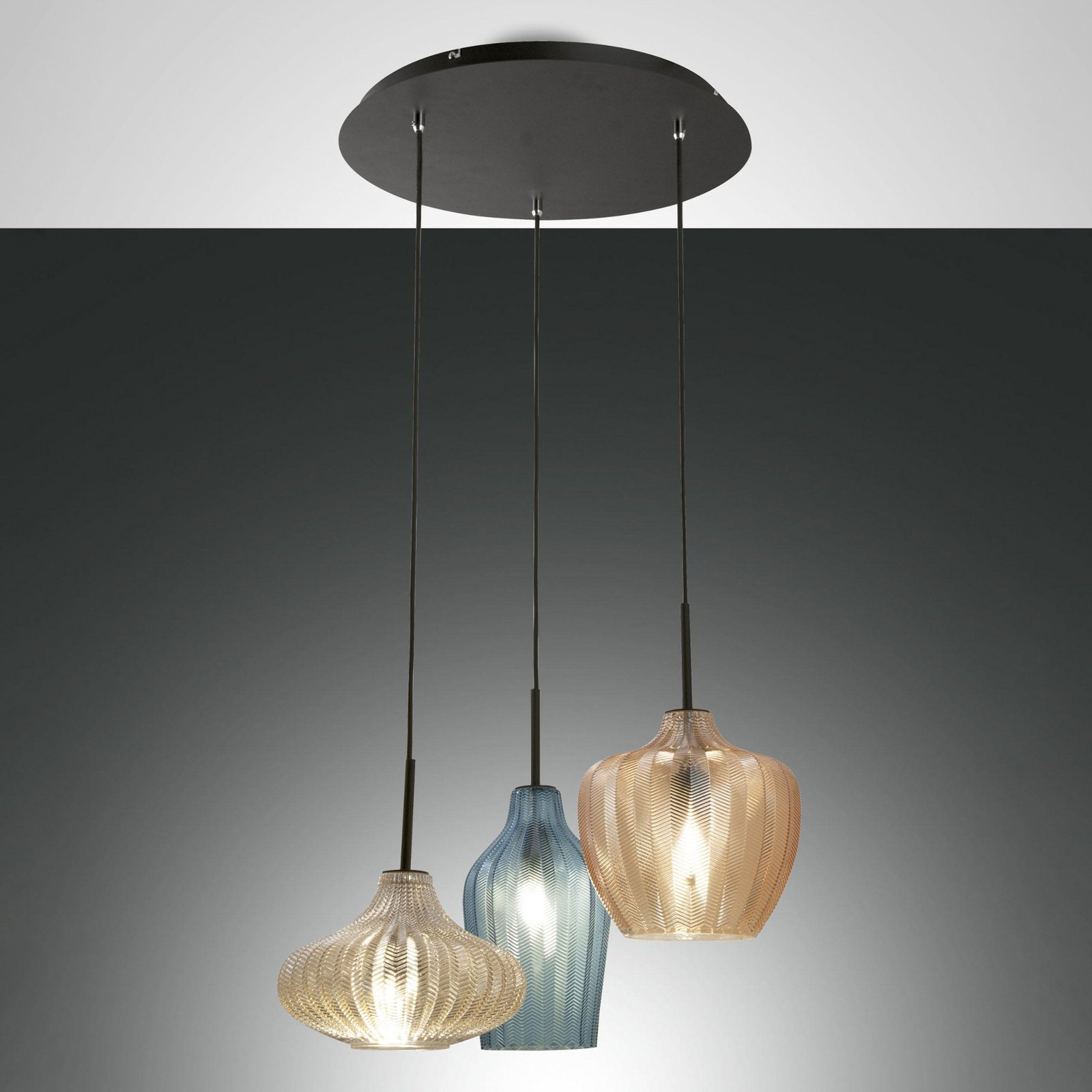 Olbia hanging light, Ø 50 cm, 3-bulb, amber/blue/beige, glass