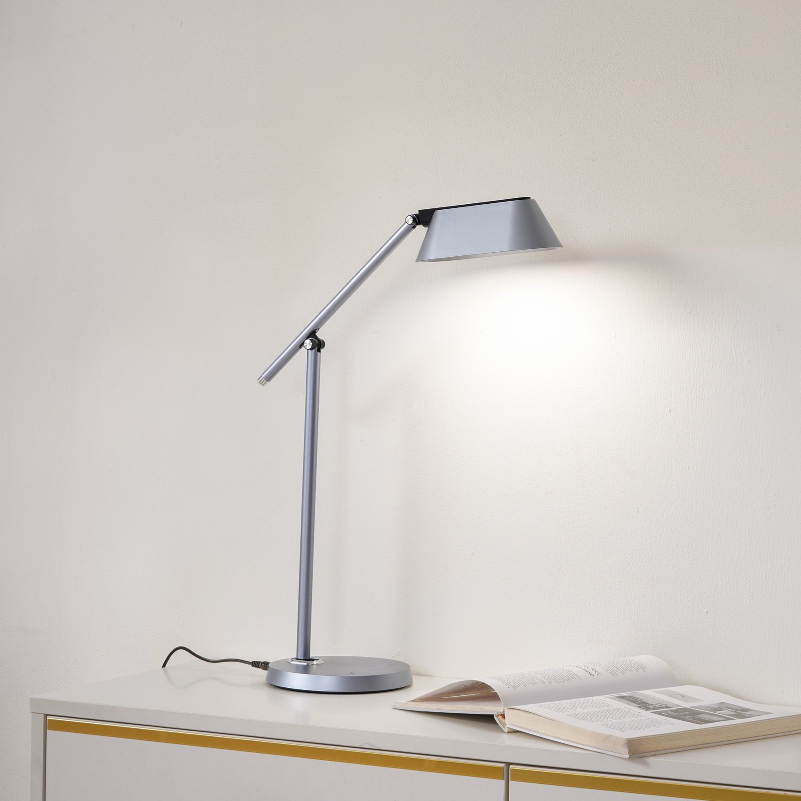 Lindby LED lampă de masă Thies, gri, ABS, înălțime 78cm, dimabil