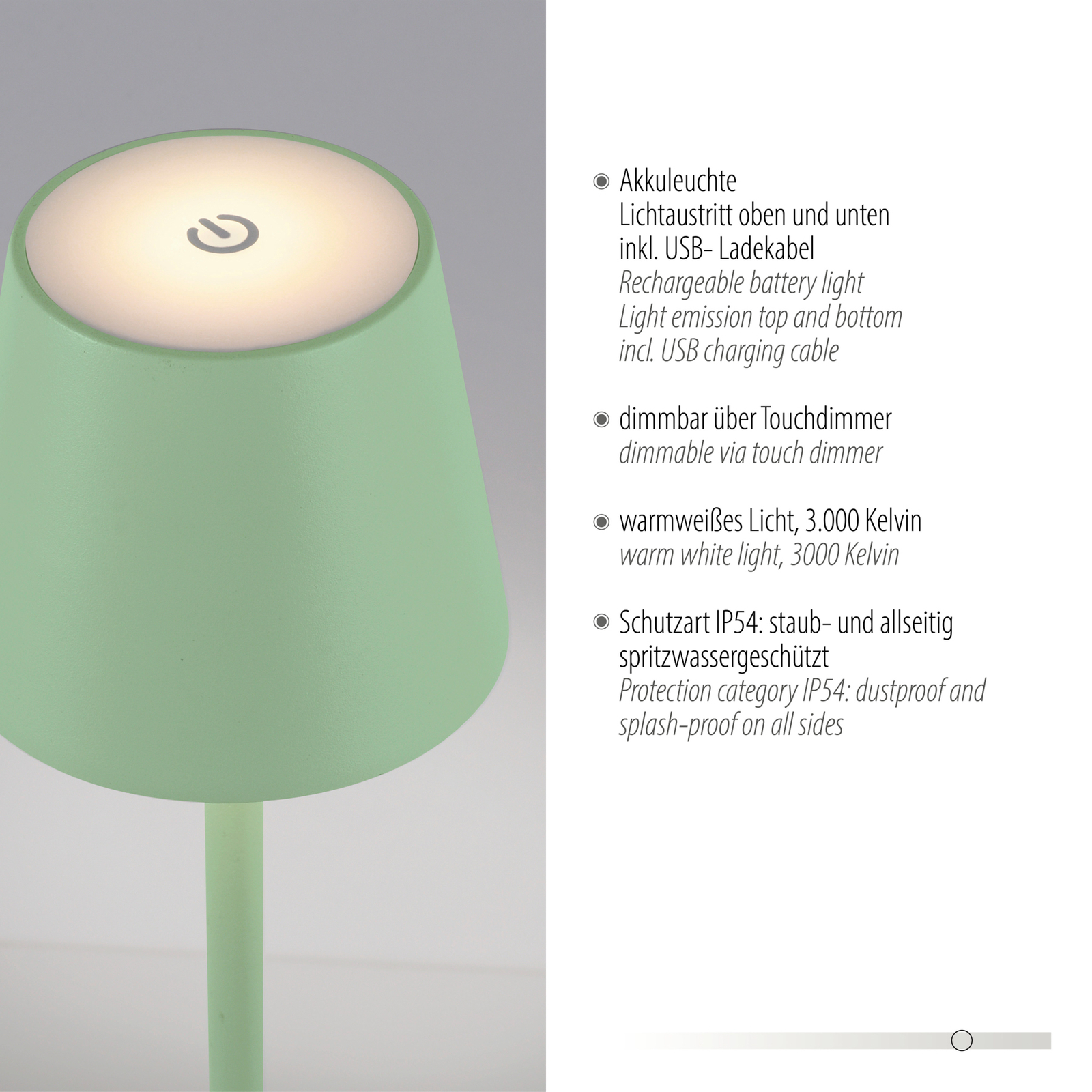 JUST LIGHT. Euria LED uzlādējama galda lampa, zaļa, dzelzs, IP54