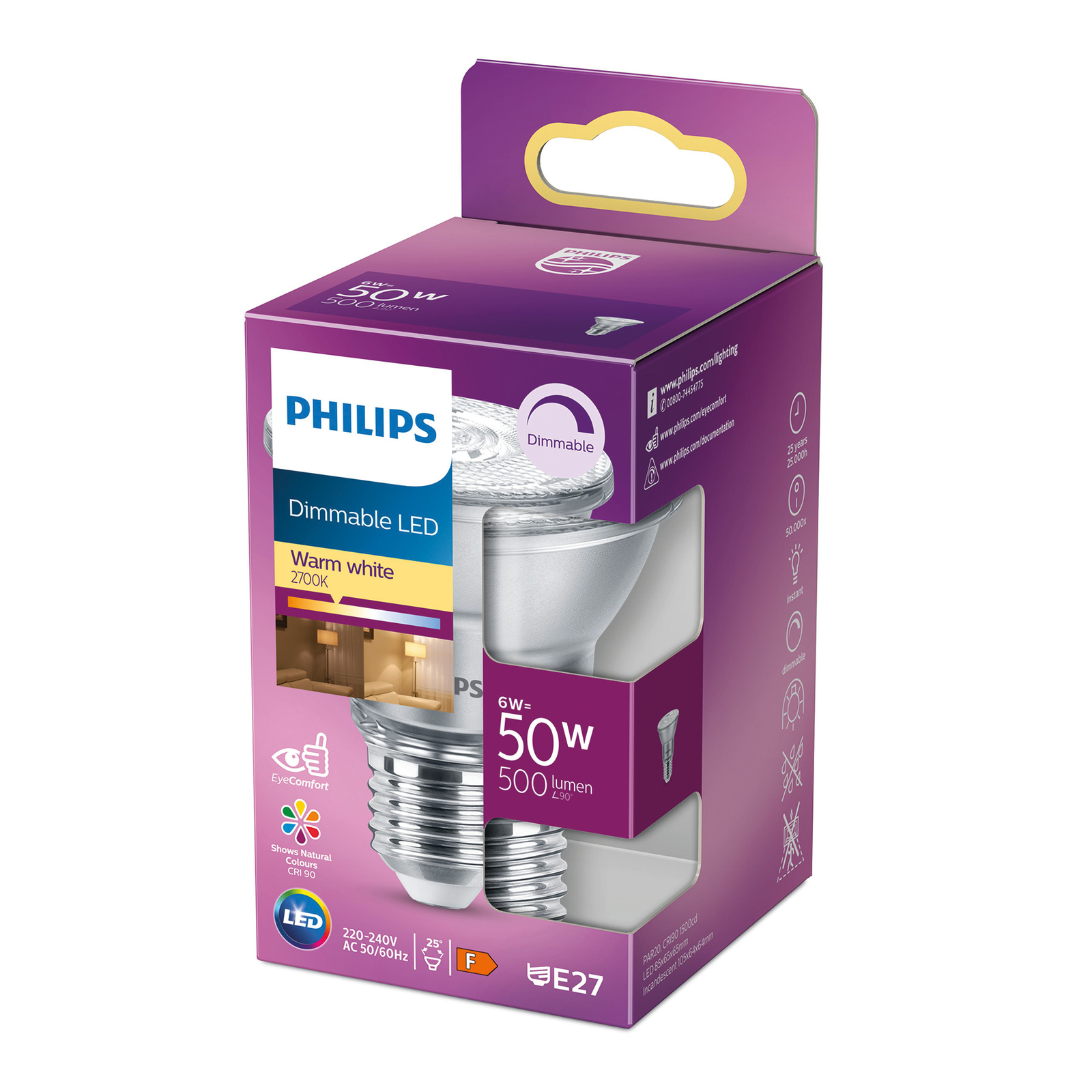 Philips E27 PAR20 reflector LED bulb, 6 W 2,700 K