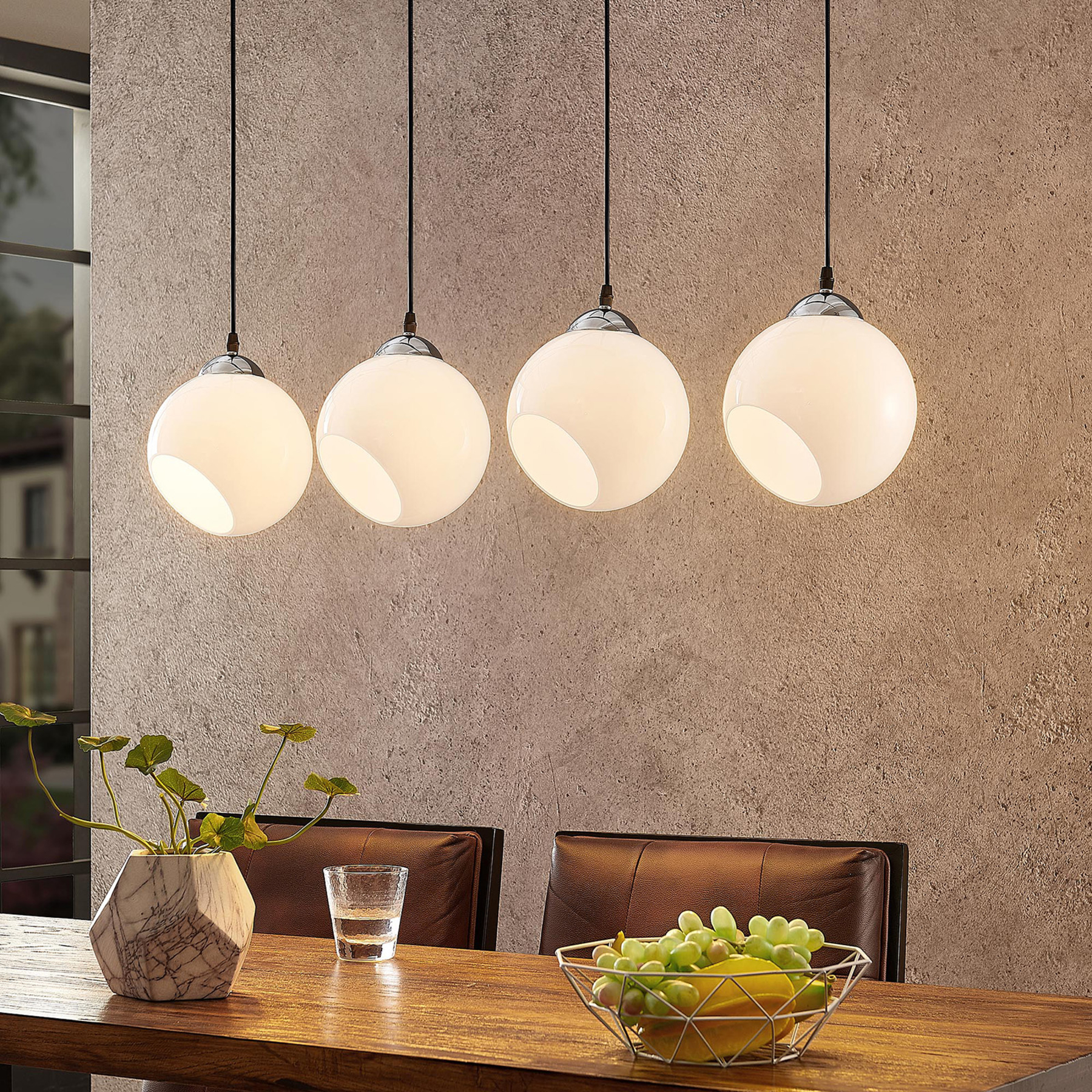 Lindby Odila pendant light, 4 glass spheres, white, for Living / Dining Room, glass, metal, E27, 42 W, energy efficiency: A++, L: 90 cm, W: 20 cm