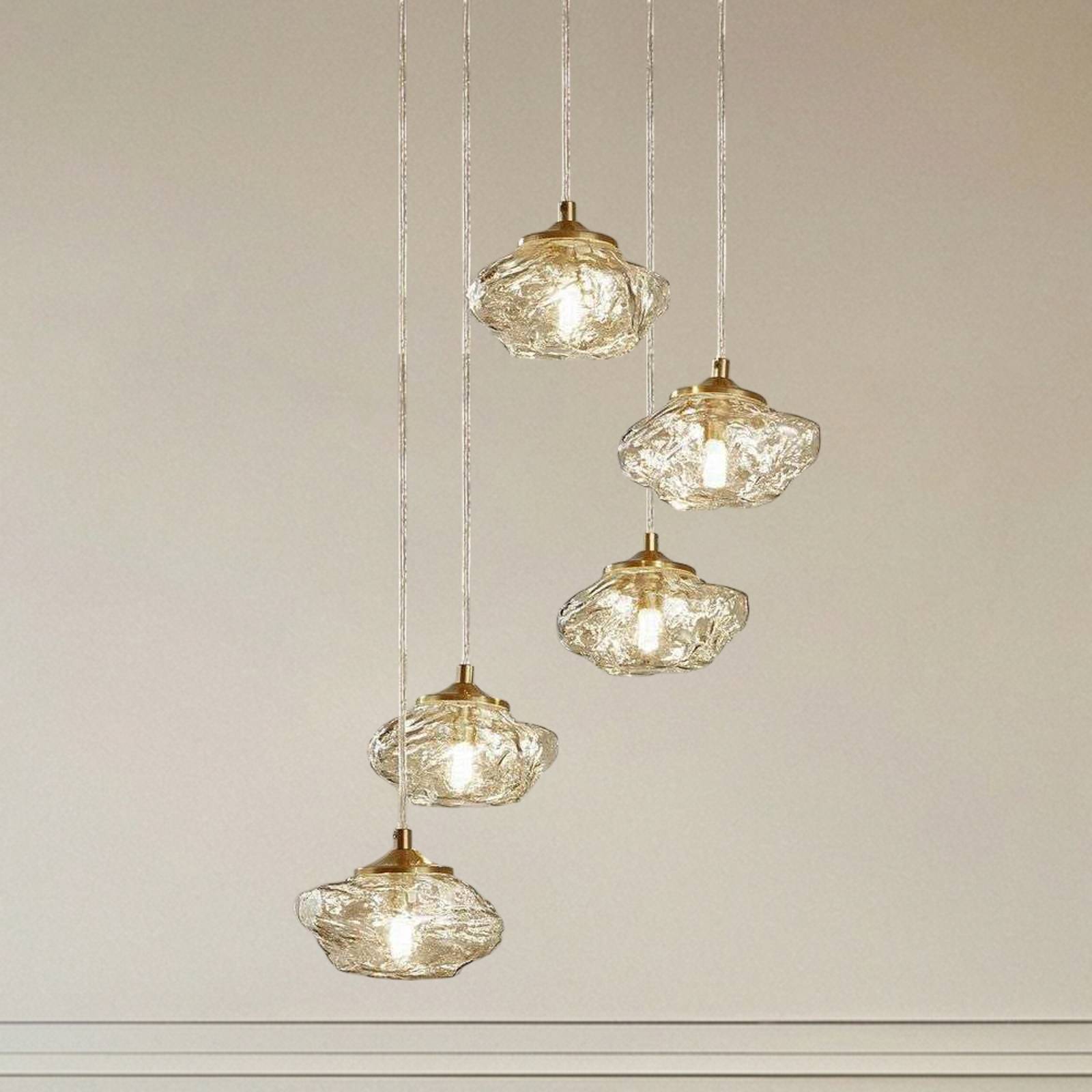 Lindby Hängelampe Piatra, Ø45cm, 5-flg, amber/messing, Glas günstig online kaufen