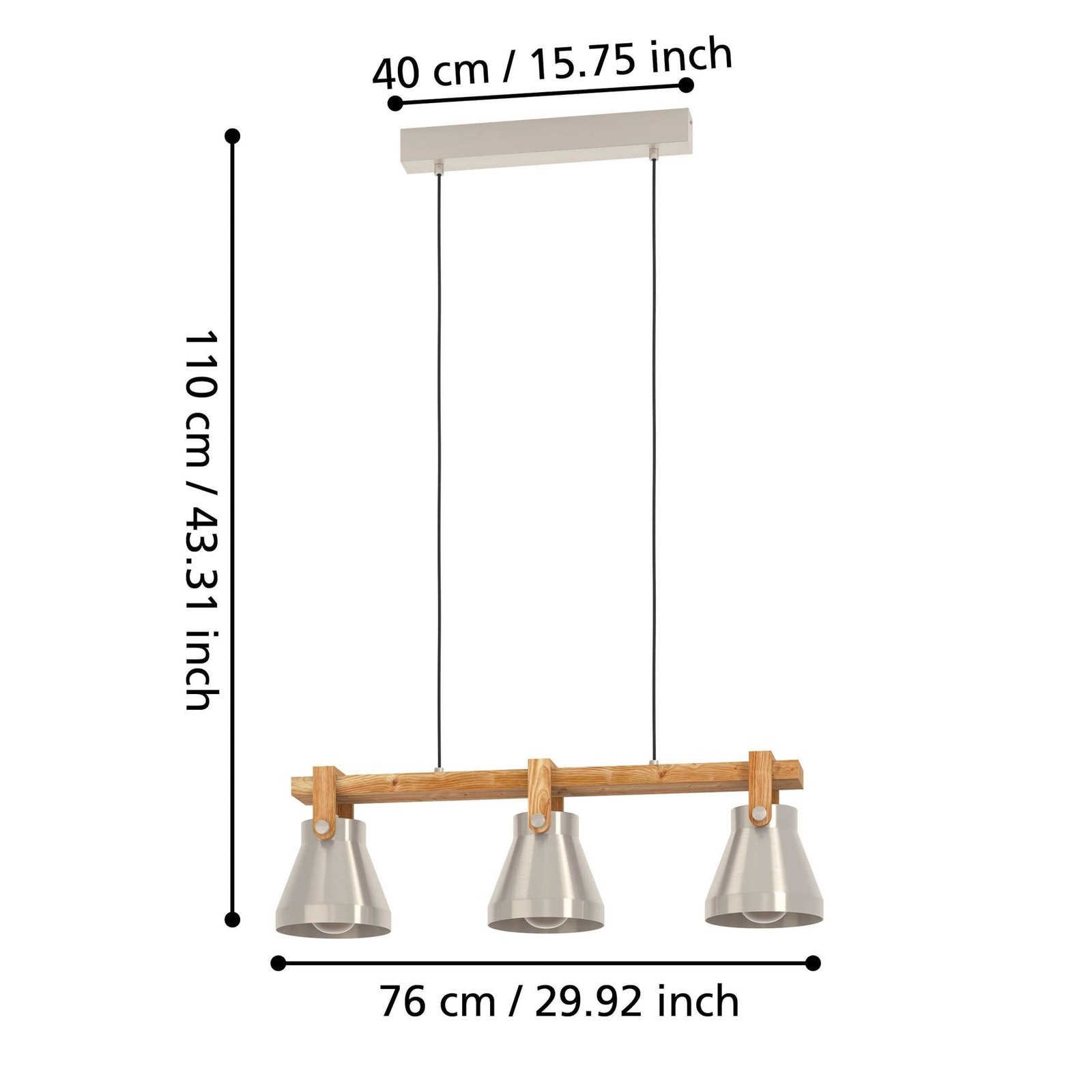 Suspension Cawton, longueur 76 cm, acier/brun, 3 lampes, acier