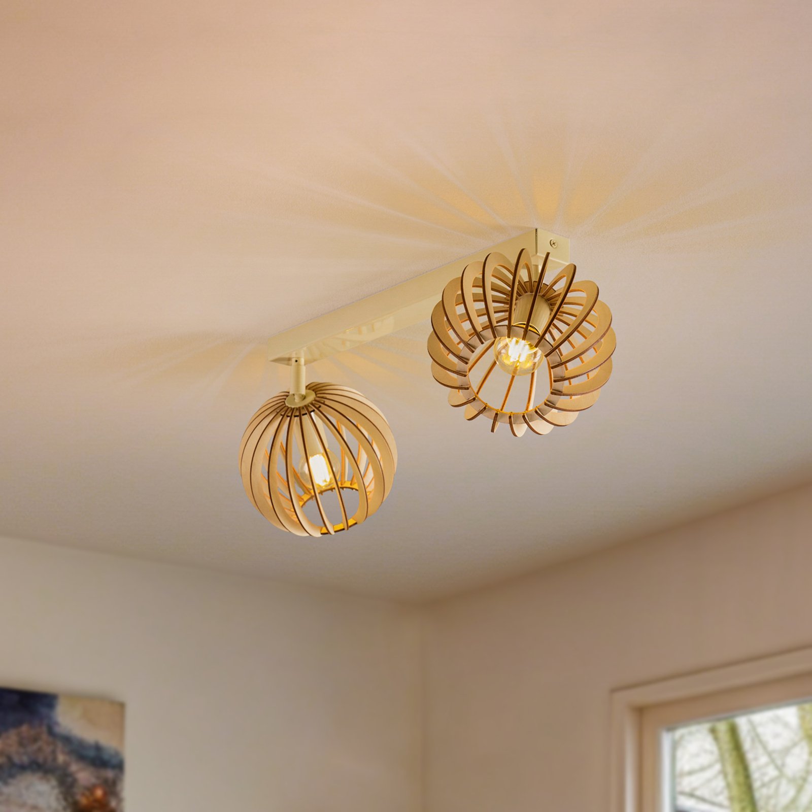 Plafondlamp Paz wit houtlamellen-bollen, 2-lamps