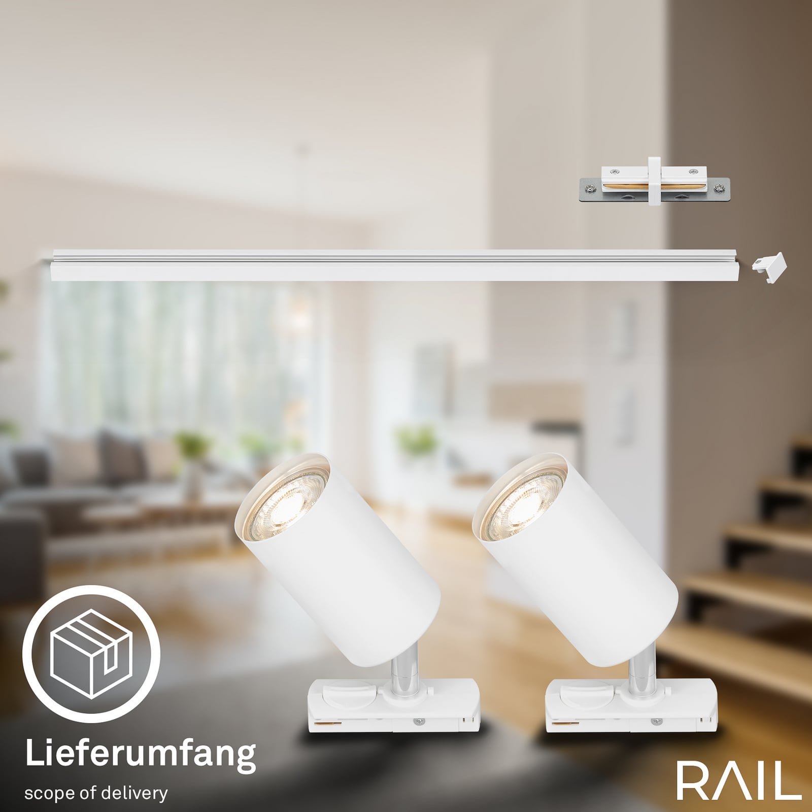 Kiskojärjestelmän laajennus, valkoinen, 80 cm kisko, 2 spotti