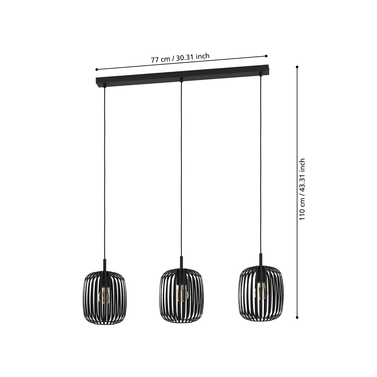 Lámpara colgante Romazzina, negra, longitud 90 cm, 3 luces, metal