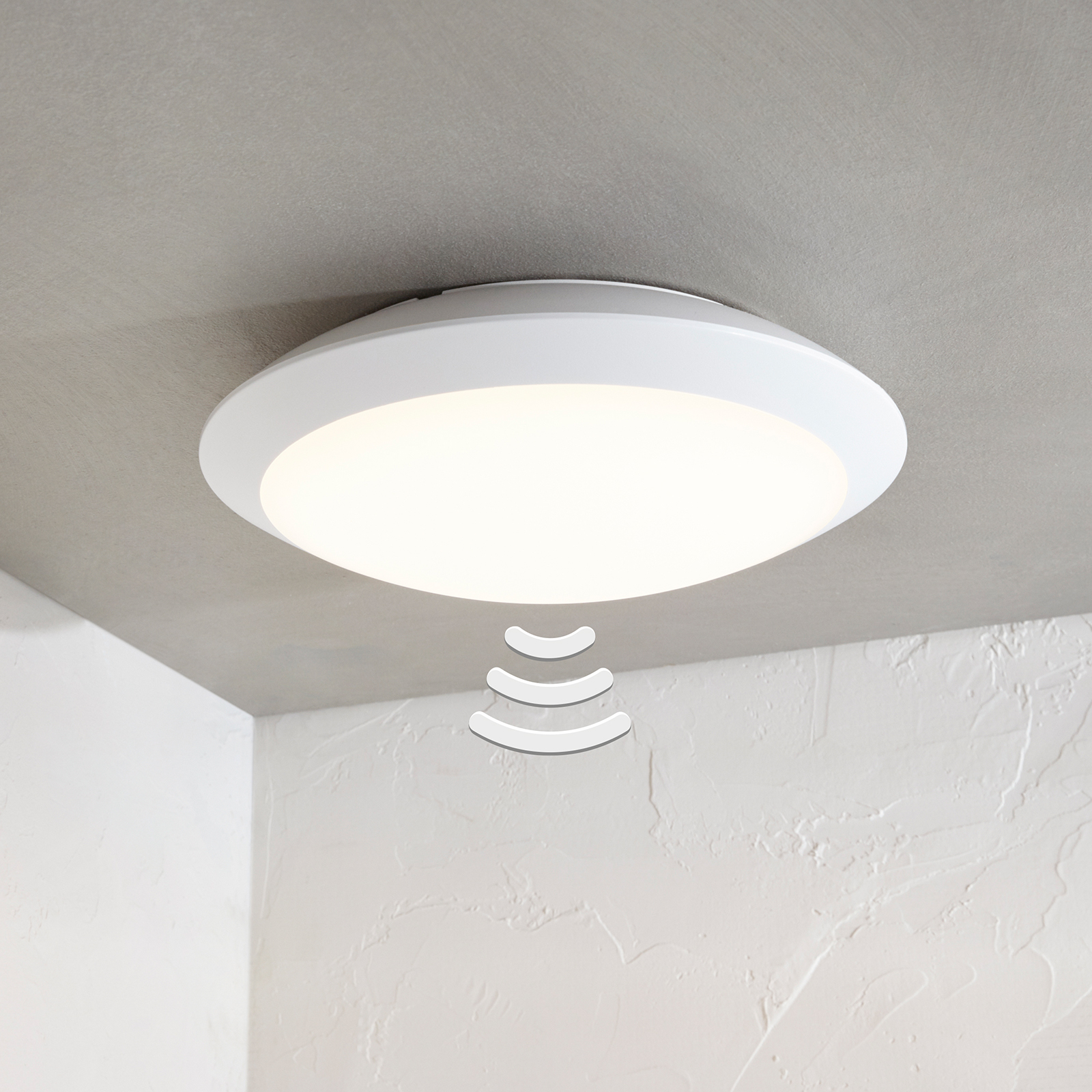 Naira LED outdoor ceiling lamp, white, with sensor, Lampenwelt.com, polycarbonate, ABS, 13.5 W, energy efficiency: A+, H: 8.5 cm
