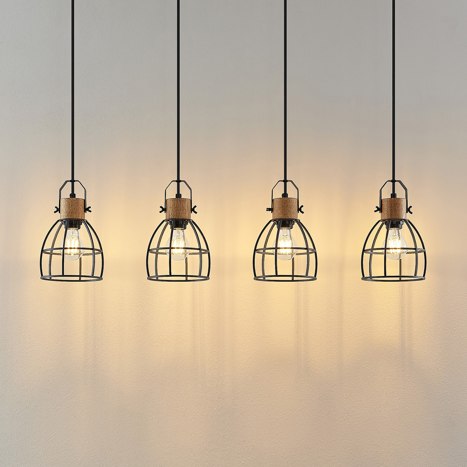 Lindby Flintos hanging light, 4-bulb, light wood