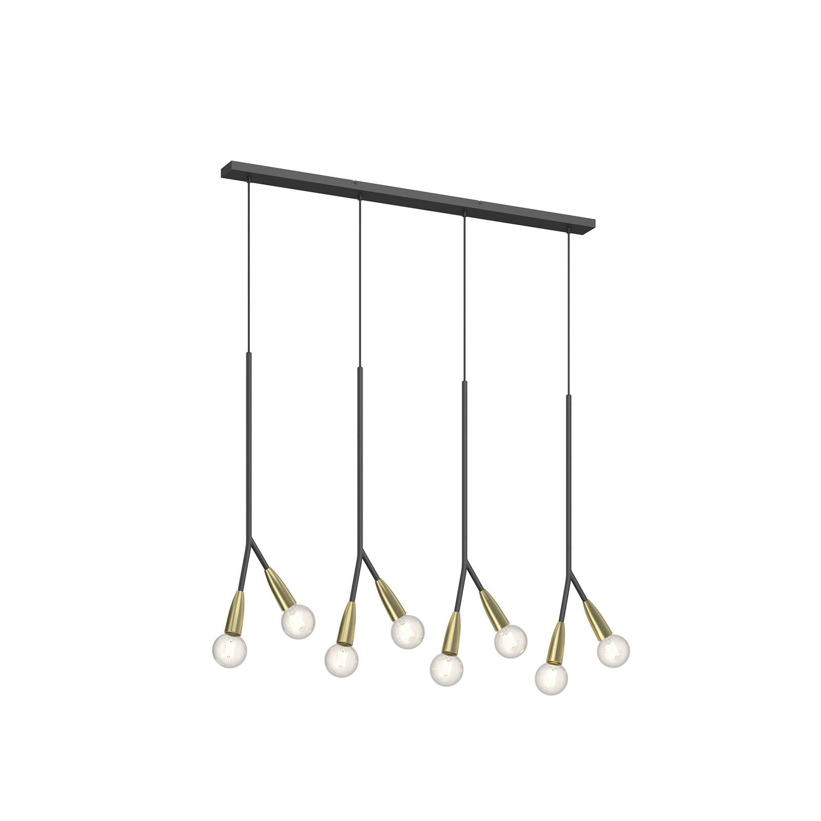 Lucande Carlea hanging lamp 8-bulb black and brass, for Living / Dining Room, metal, aluminium, E27, 60 W, L: 118 cm, W: 8 cm
